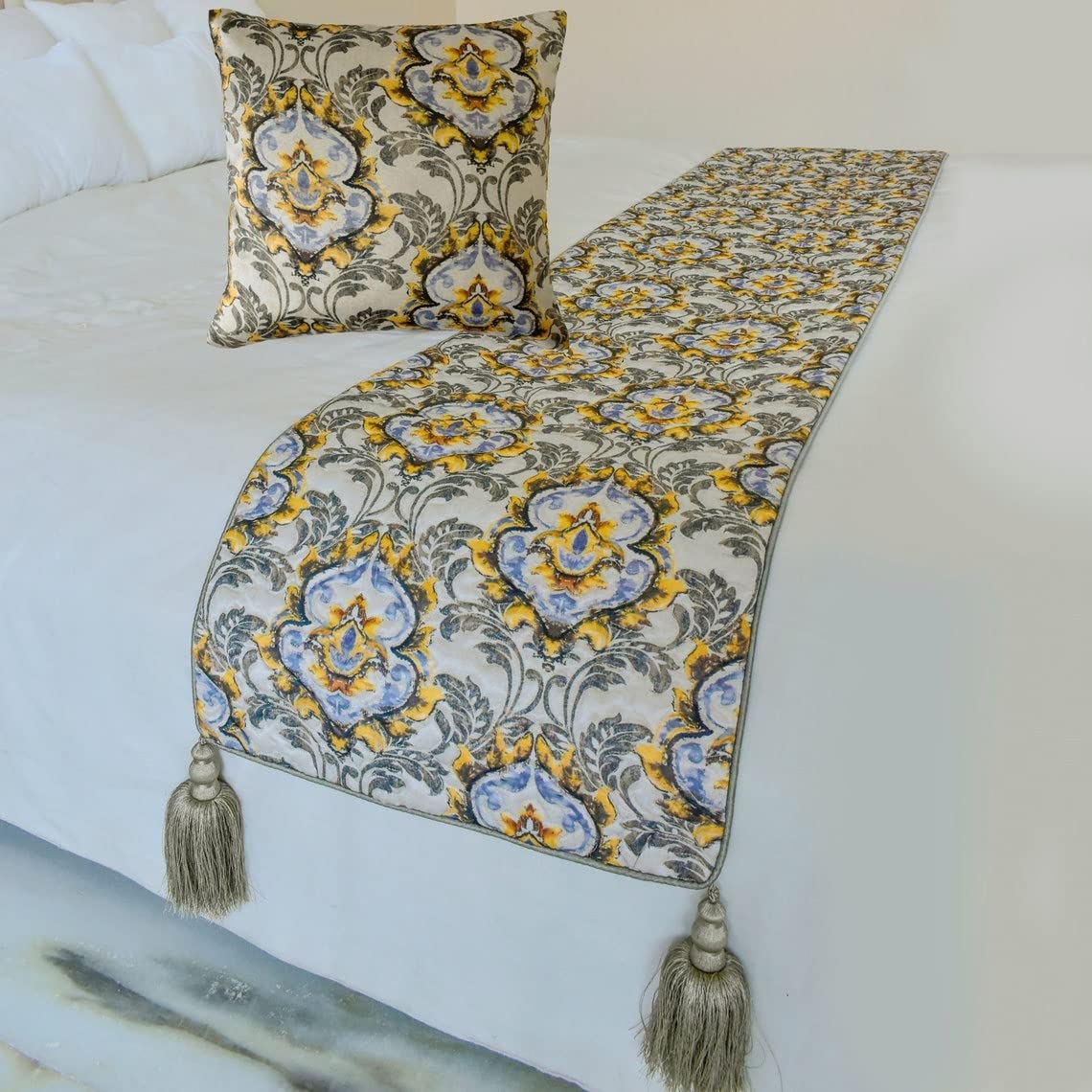 The HomeCentric King/Queen/Twin Grey Decorative CA King 215x45 cm Bed Runner With 2 Cushion cover, Quilted, Damask & Tassels Bed Scarf on Jacquard fabric - Damask Blaze — image 1