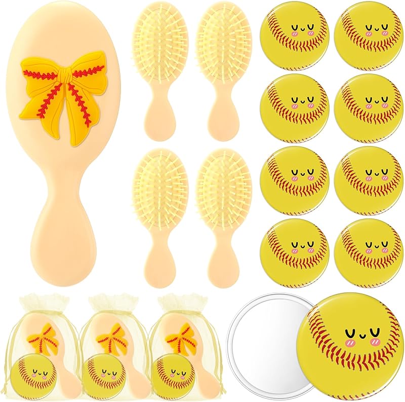 Wonderjune Conjunto com 12 espelhos compactos, escovas de cabelo e bolsas com tema de softball