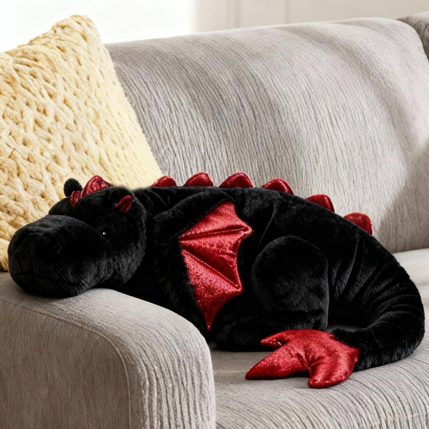 ARELUX Large 36in Cute Dragon Stuffed Animals Plush Toy Soft Black Pterosaur Plushie Giant Fuzzy Dinosaur Pillow Plushies with Wings Cuddly Gifts for Friends Family