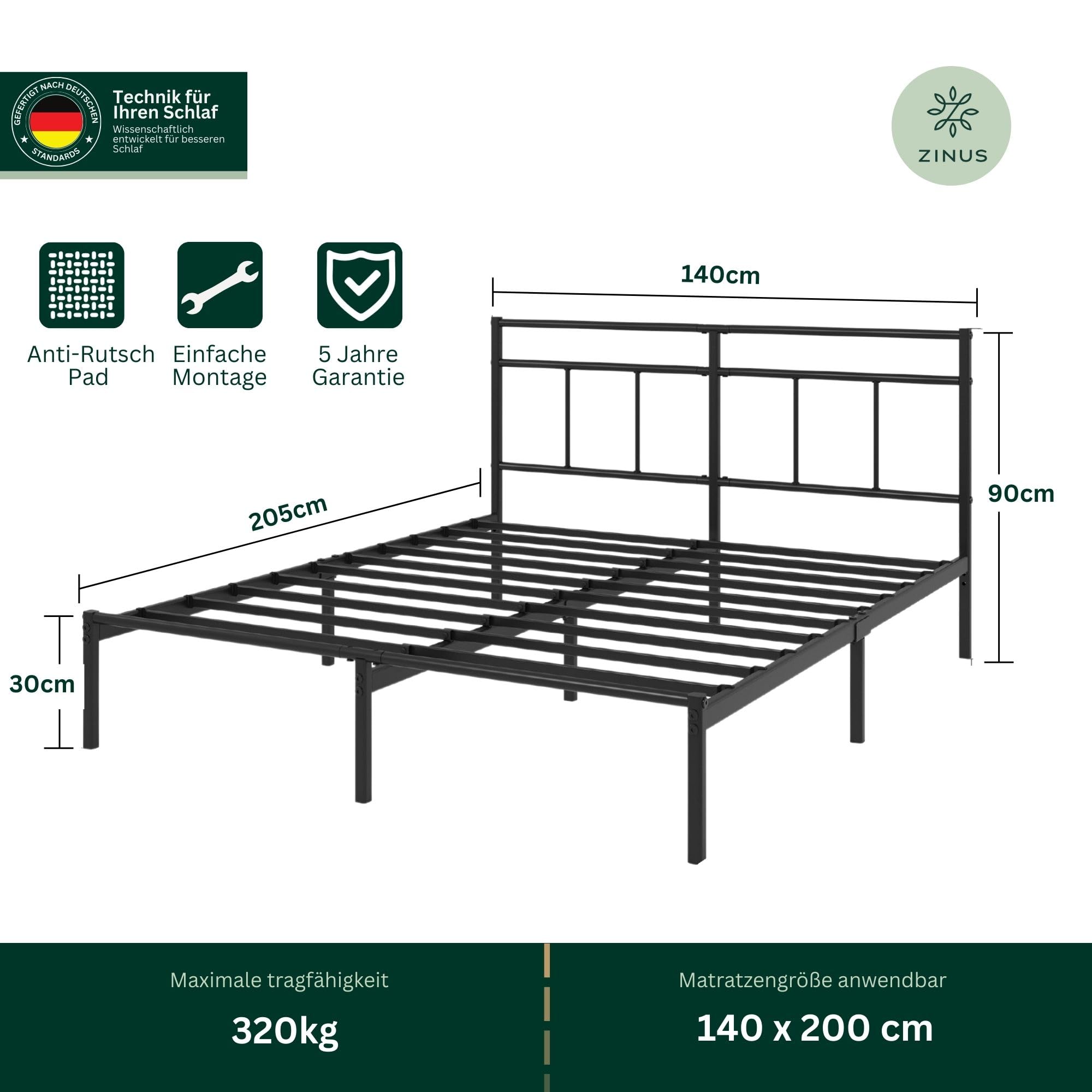 Zinus Elias Bettgestell 140x200 cm mit Vintage Kopfteil - Metallbett 140x200 mit Metall-Lattenrost - 30 cm Hohe Plattform mit Freiraum Darunter - Kein Boxspringbett Erforderlich - Schwarz