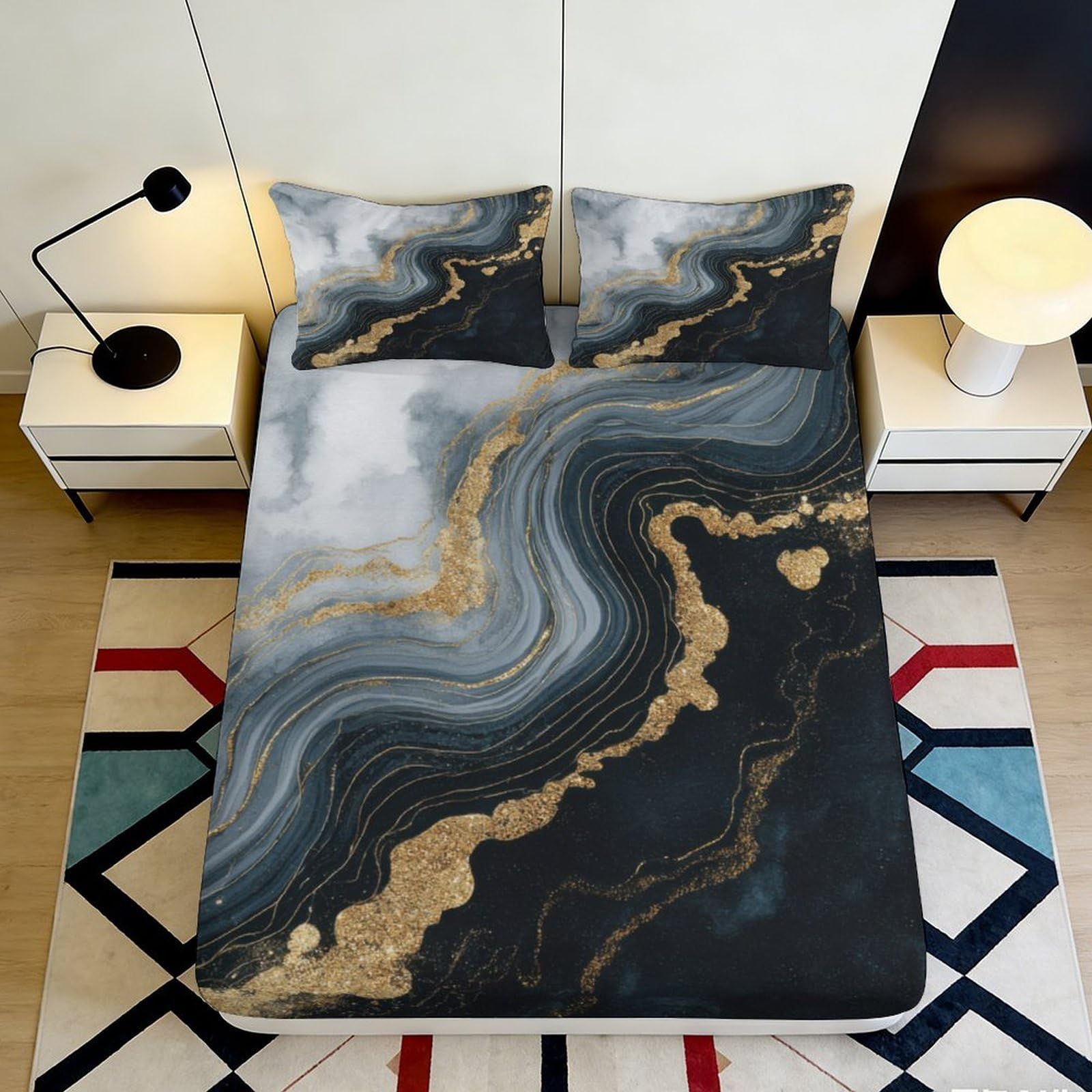Pnayamiorkfel Style-8 3D Printed Marble Gold Wave Fitted Sheet Microfiber Non-Slip Bed Cover Machine Washable Decor For Bedroom Guestroom 90X200x25cm