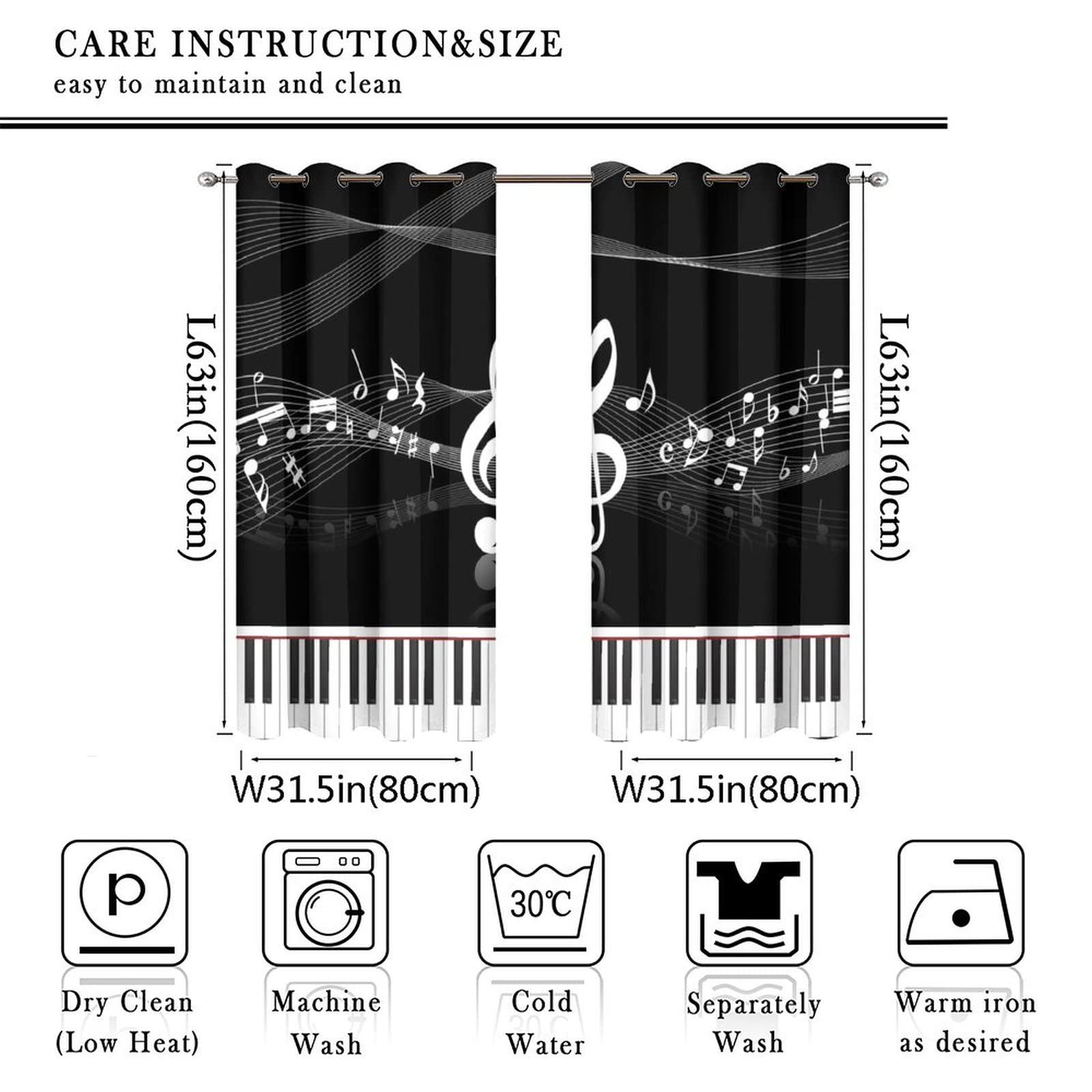 Kazynee Black & White Piano Notes Ultra Soft Premier Blackout Curtains,Abstract Modern Art Music Keyboard DecorThermal Insulated Bedroom Noise Reducing Patio Door Grommet Top,2 Panels 63L x 31.5W