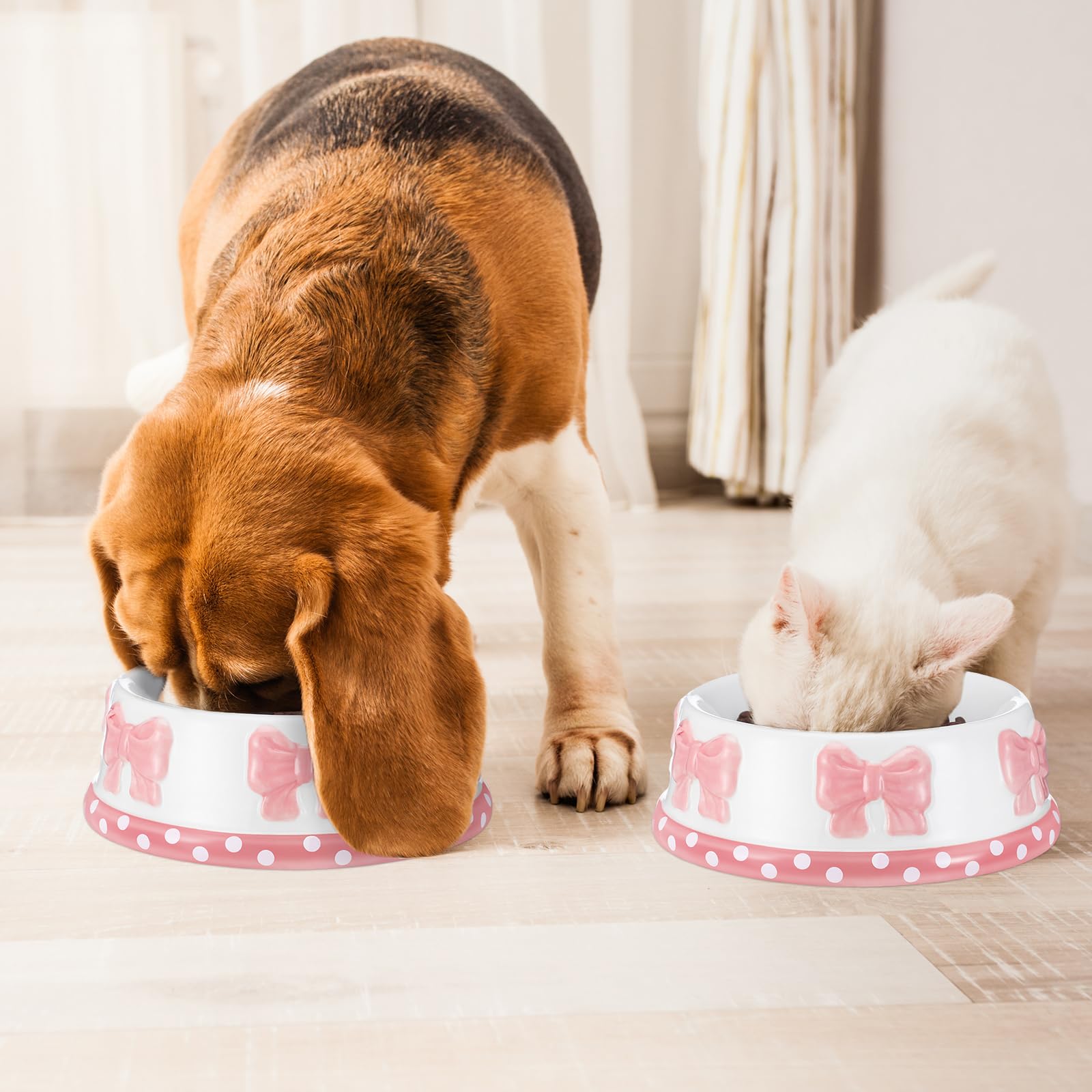 Reallnaive Pink Bow Ceramic Bowl for Small Dog and Cat Cute Bowtie Pet Bowl for Food Water Macaron Pink Dish Pets Feeding Bowls Suitable for Small Cat Dogs( Pcs): 1