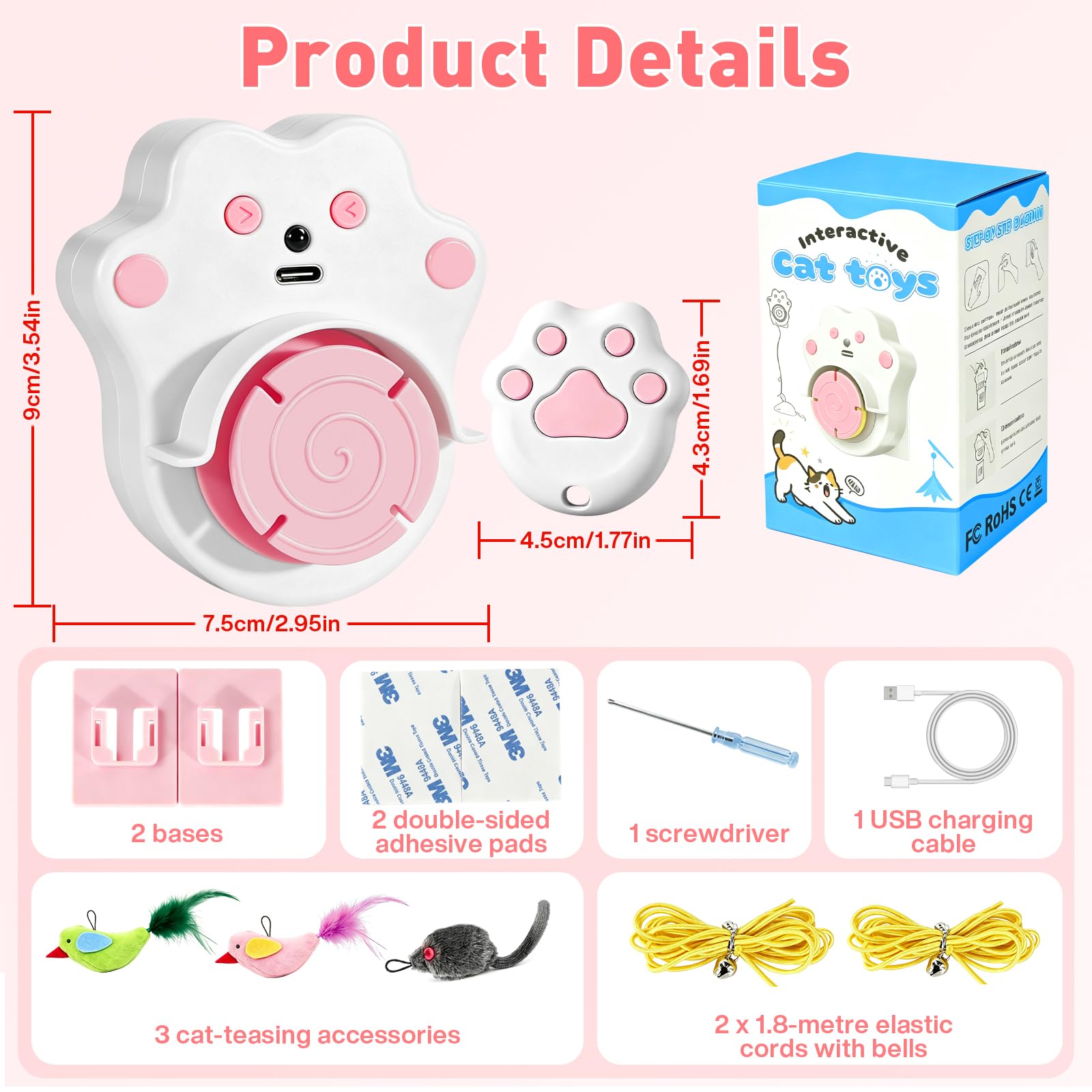 DoubleCare Juguetes interactivos para gatos de interior, juguete automático de plumas de pájaro volador para gatitos aburridos y gatos adultos, manos libres o de mano, rosa