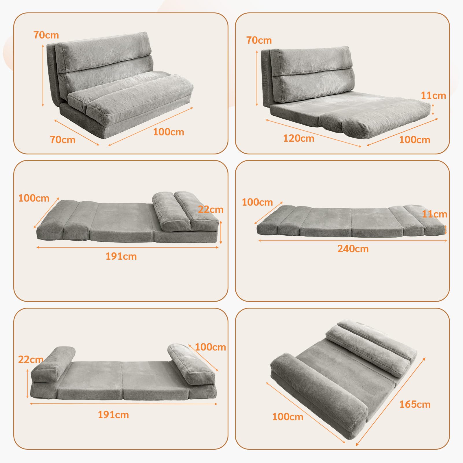 MAXYOYO Sitzsackbett, zusammenklappbares Schlafsofa, Bodenmatratze für Erwachsene, extra Dickes 6-Fach faltbares Bodensofa, Bodencouch für Schlafzimmer, Wohnzimmer, Grau, 100 x 240 cm