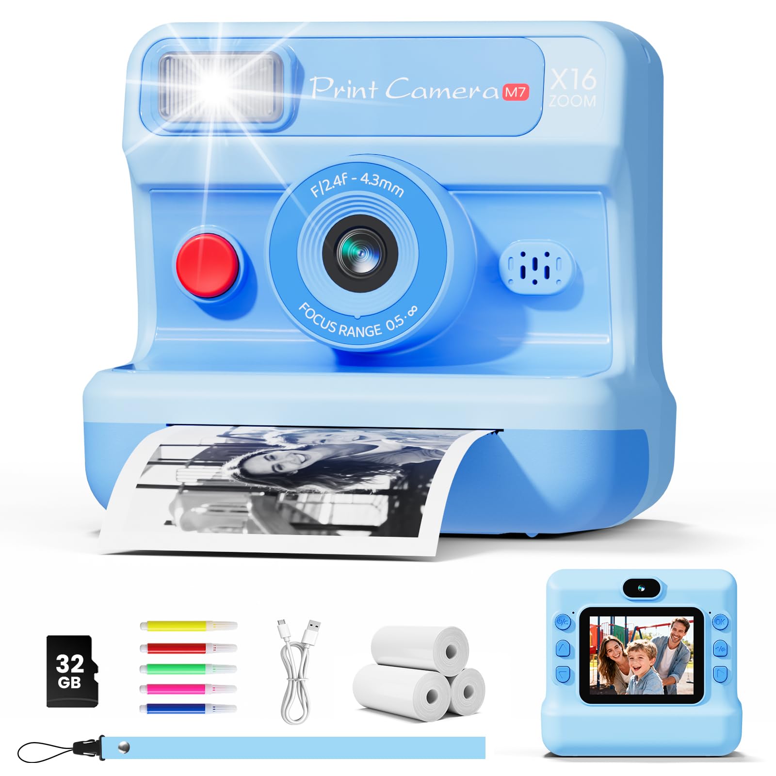 CalineGam Macchina Fotografica Bambini Istantanea, HD 1080P Macchina Fotografica Istantanea con Scheda da 32 GB e 3 Rotoli di Carta, Regalo di Natale per Ragazze Ragazzi dai 3 ai 14 Anni