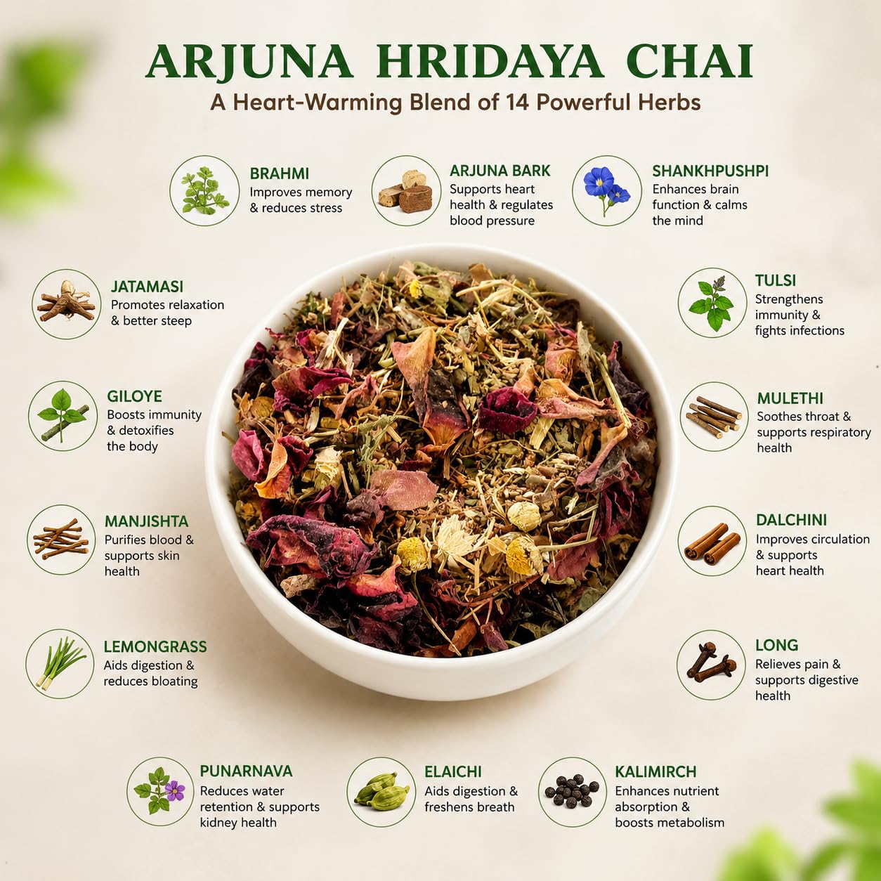 Vedpunya Arjuna Hridya Amrit Herbal Tea | Ayurvedic Heart Wellness Support Blend | Caffeine Free | Natural Daily Wellness Tea | 100g — Amazon image 3