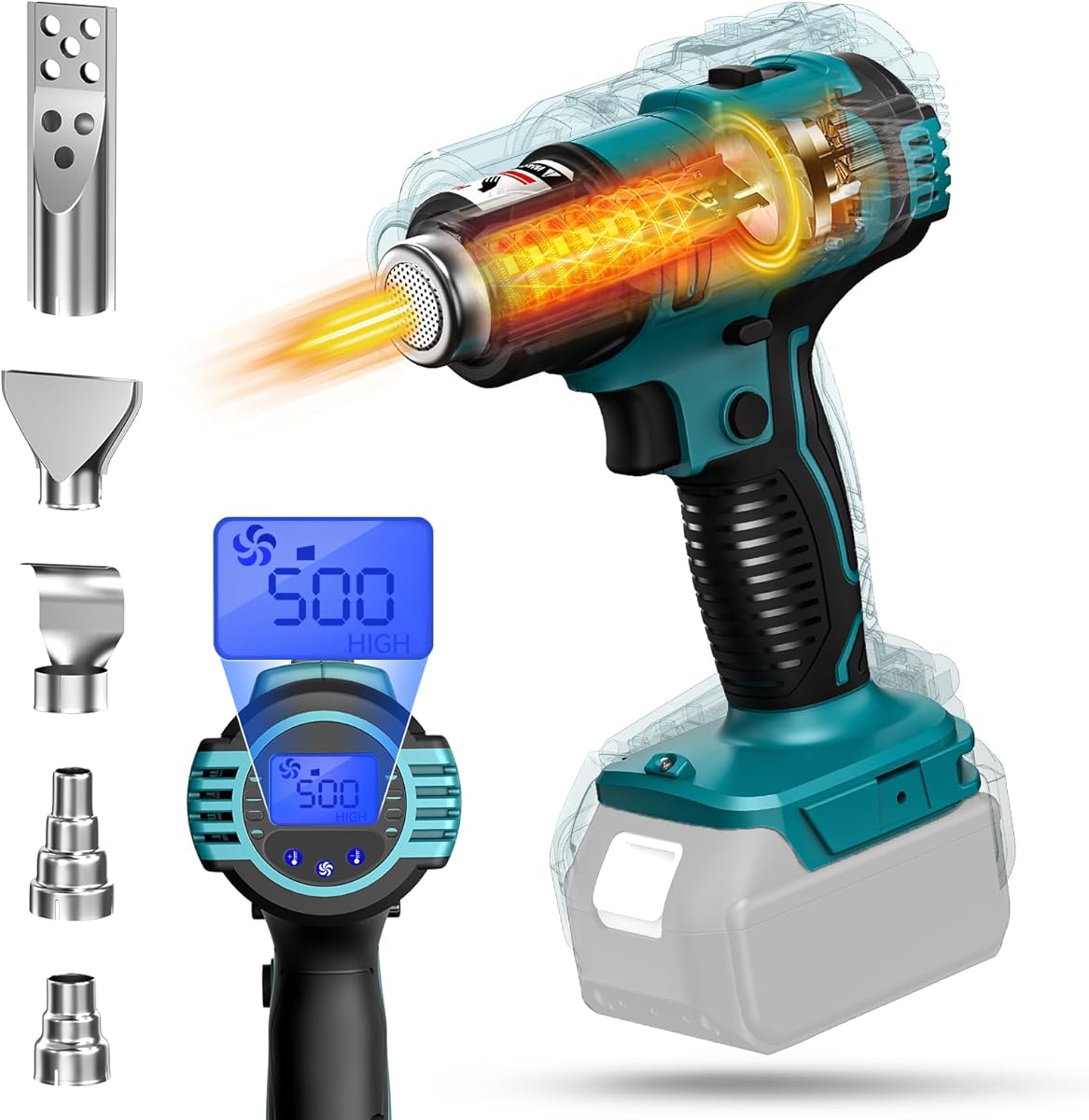 LIVOWALNY Cordless Heat Gun Compatible with Makita 18V Battery: LCD Digital Display - 350W 122℉-1022℉ Adjustable Portable Battery Powered Hot Air Gun for Shrink Tubing Crafts Vinyl Wrap (No Battery)