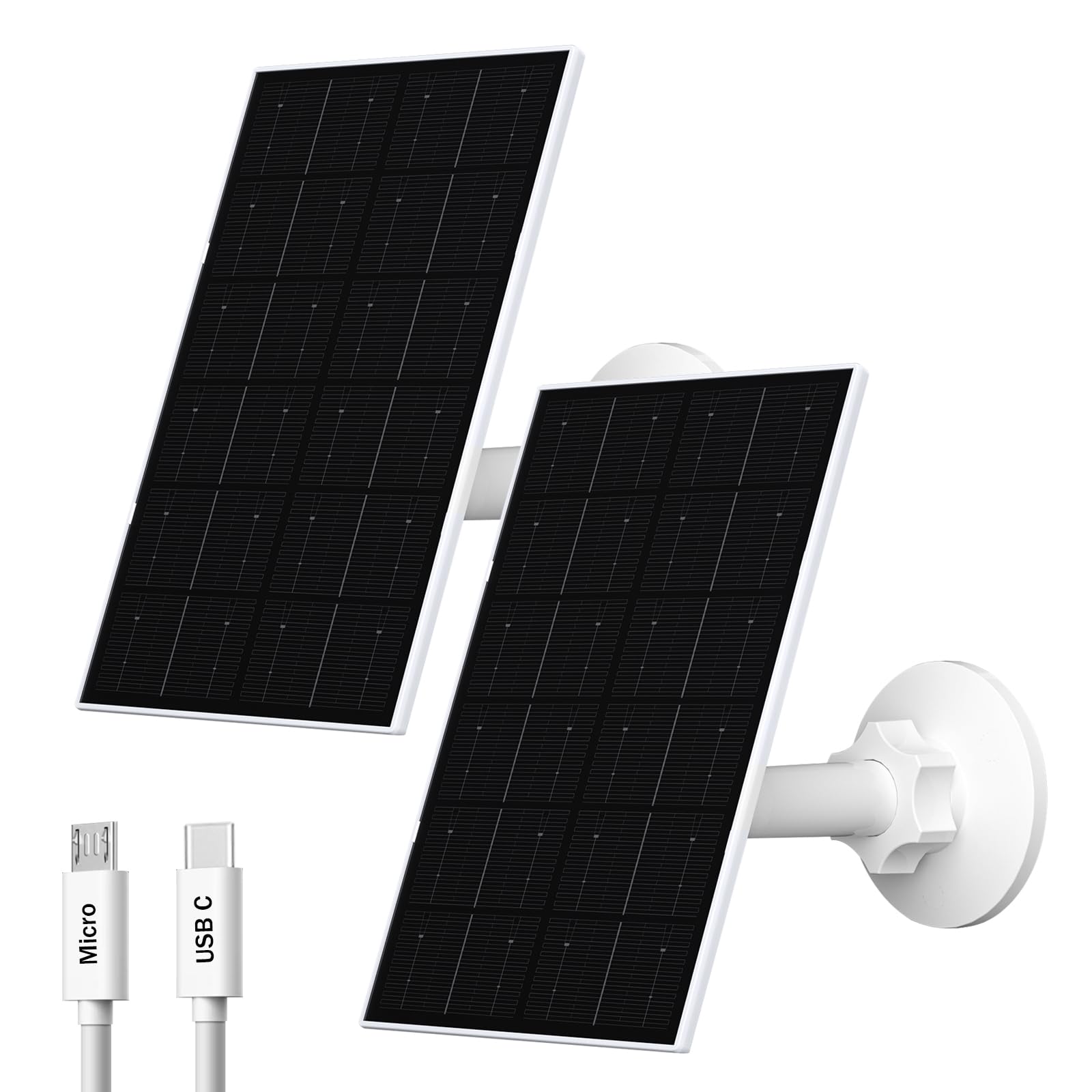 Pannello solare da 4 W per telecamera di sicurezza, caricatore solare da esterno con porte USB-C e micro USB, supporto regolabile a 360°, compatibile con fotocamere a batteria da 5 V