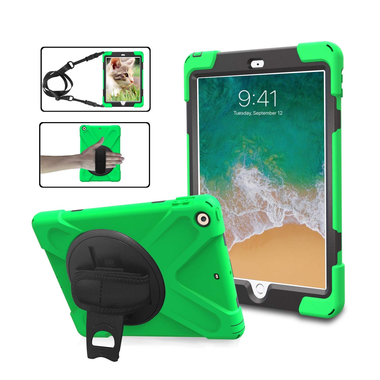 iPad Mini Case TSQ [iPad Mini 3 Case][iPad Mini 2 Case] Heavy Duty Rugged Protective Shockproof Cover with 360 Degree Rotating Stand, Handle Hand Strap/Shoulder Strap for iPad Mini case (Green-)