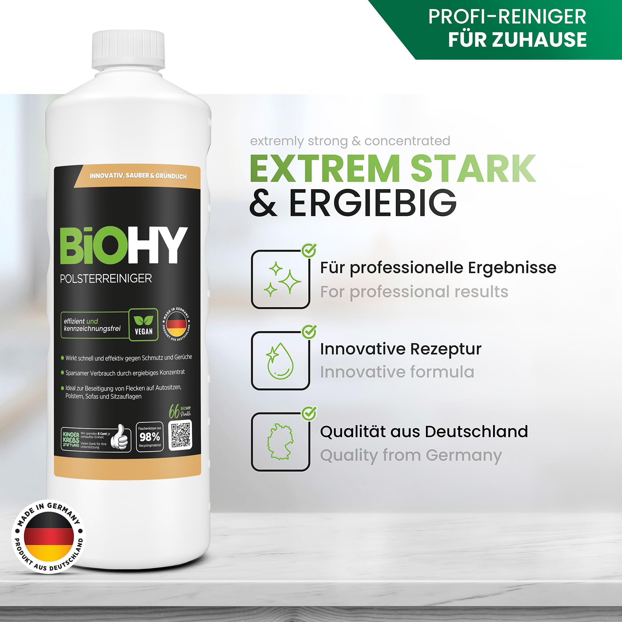 BiOHY Limpiador tapicerías (Bidón de 10 litros) | Ideal para asientos de coche, sofás, colchones, etc. | También es adecuado para las lavadoras (Polsterreiniger)