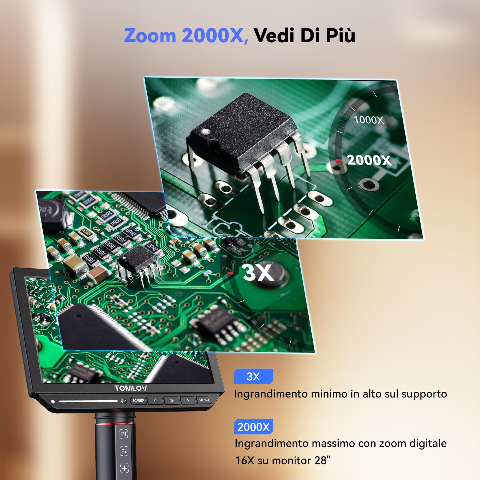 TOMLOV TM4K-AF Flex Microscopio Digitale Autofocus 4K HDMI, Schermo da 8" IPS, 52MP Ingrandimento 2000X per Monete, con Braccio Flessibile, Tappetino per Saldatura, Luci Laterali, PC/TV, 64GB