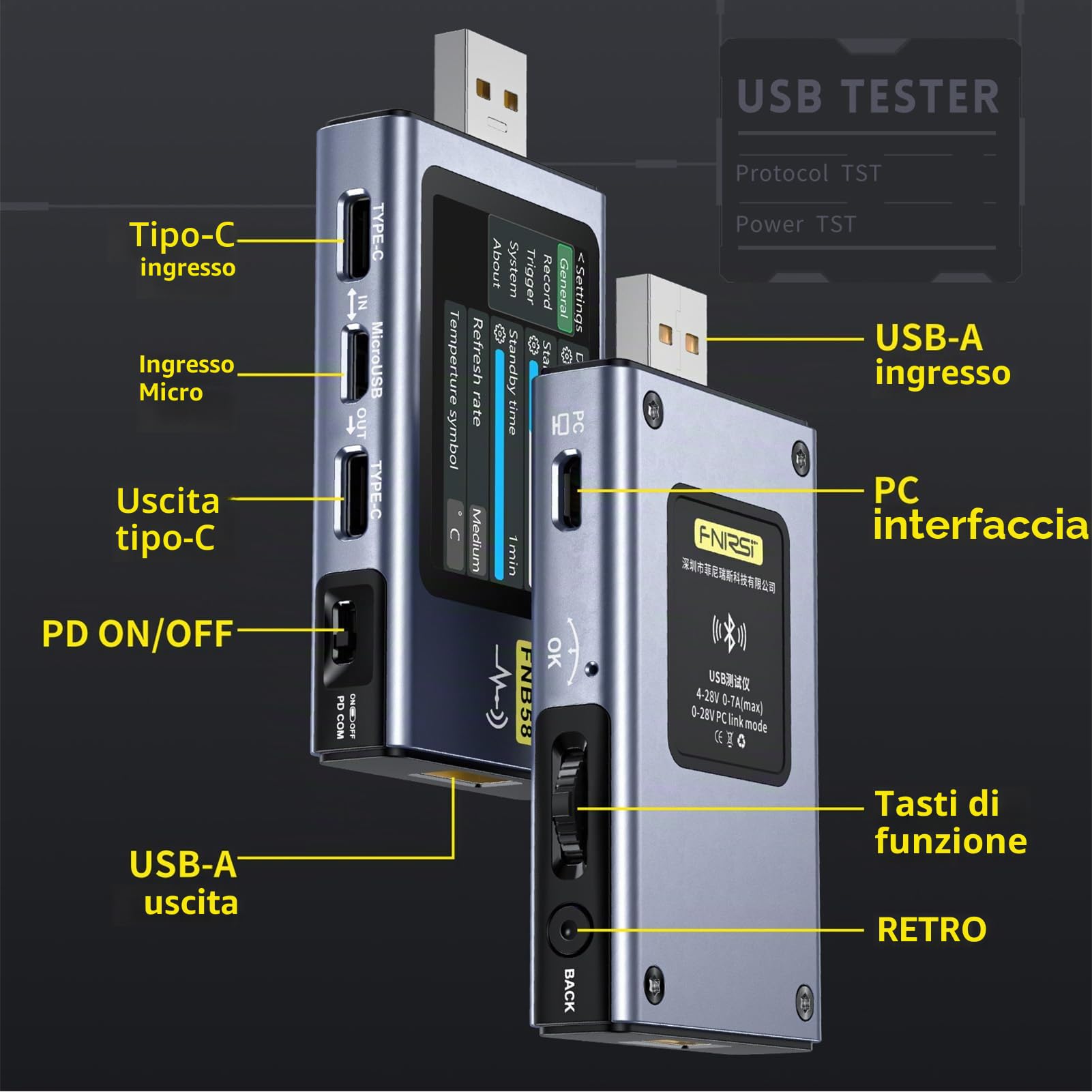FNB58 Tester USB, Voltmetro Amperometro Digital Multimetro USB C Tester Supporta Bluetooth, rilevamento rapido della carica, monitoraggio della tensione 4-28V e misura capacità e ondulazione