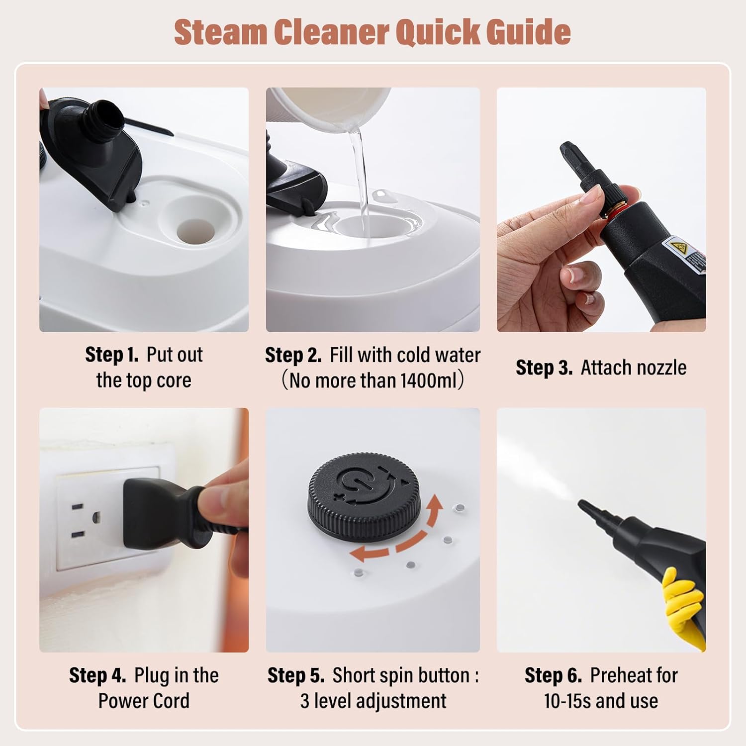 Lamberia Steam Cleaner with 12pcs Accessories, 2500W 1400ml 1.5 Quarts Tank, 3-Level Adjustable Portable Handheld Pressurized Steamer, 15s Heat-Up Steam Cleaner for Home, Car, Kitchen(White, US Plug) - Image 3