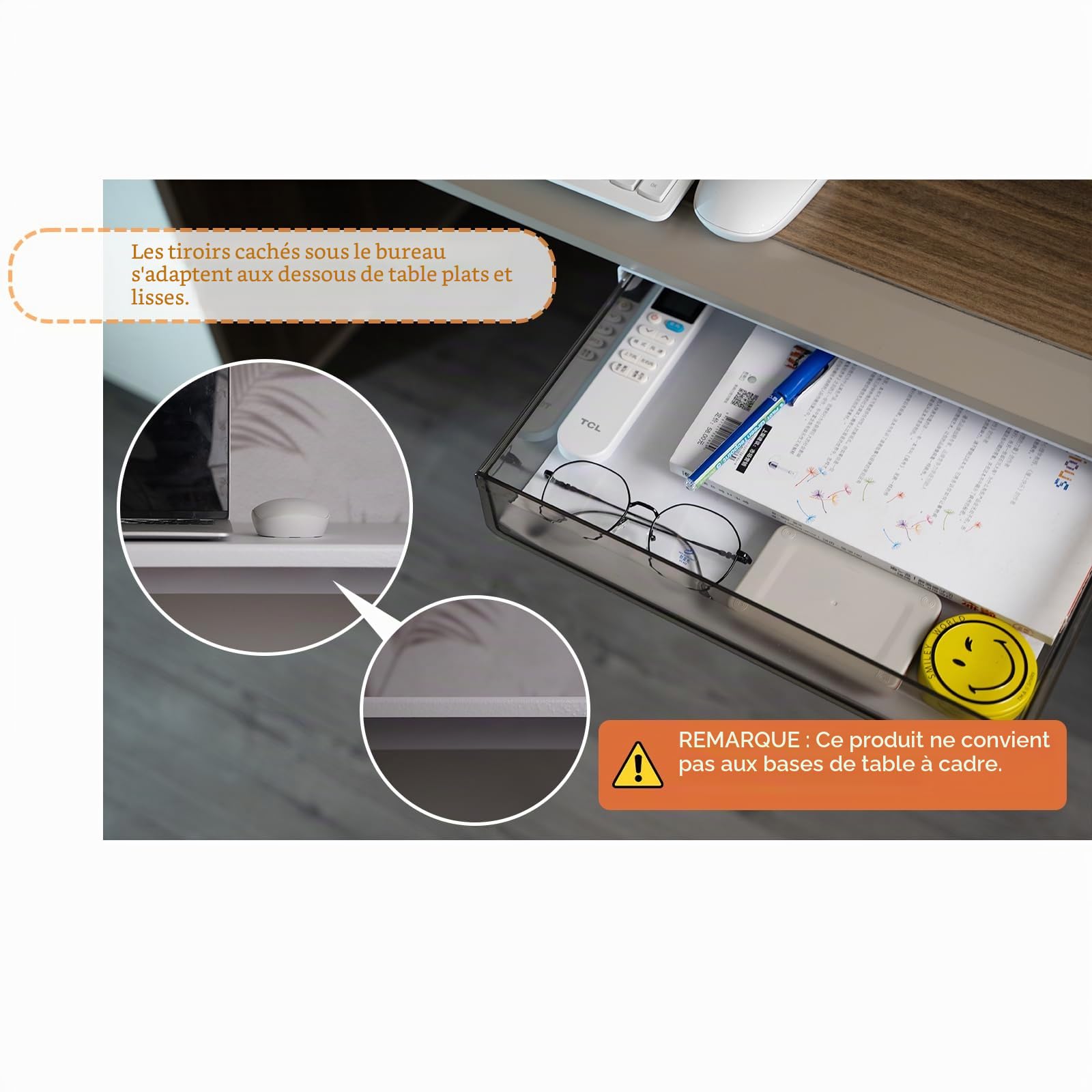 Lot de 3 tiroirs de rangement sous le bureau - Avec colle - Créez un espace de rangement supplémentaire pour votre maison, bureau, cuisine, fournitures scolaires