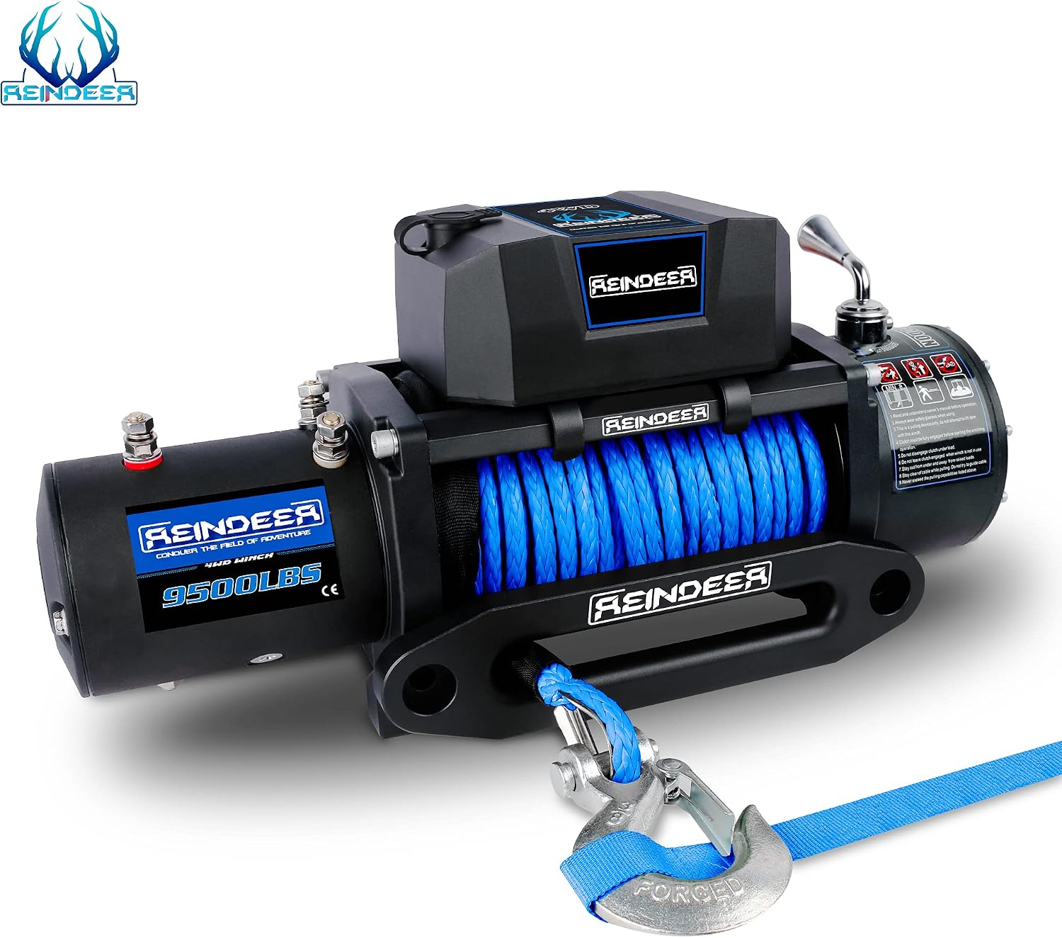 REINDEER 12V Winch New 9500 lb Load Capacity Electric Winch Synthetic Rope with Hawse Fairlead Waterproof IP67 with Wireless Remotes