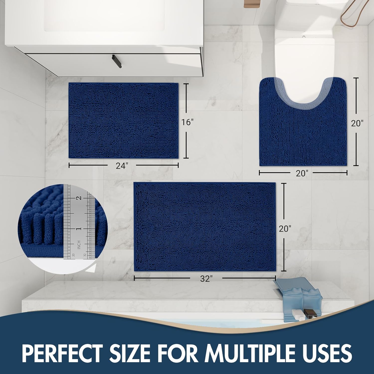 TREETONE Bathroom Rugs Sets, Thick Soft Absorbent 3 Piece Chenille Bath Rugs, Non-Slip, Dry Quickly, Machine Washable, Shaggy Mats with U-Shaped Toilet Rug for Bath Floor, Tub and Shower, Navy Blue - Image 3