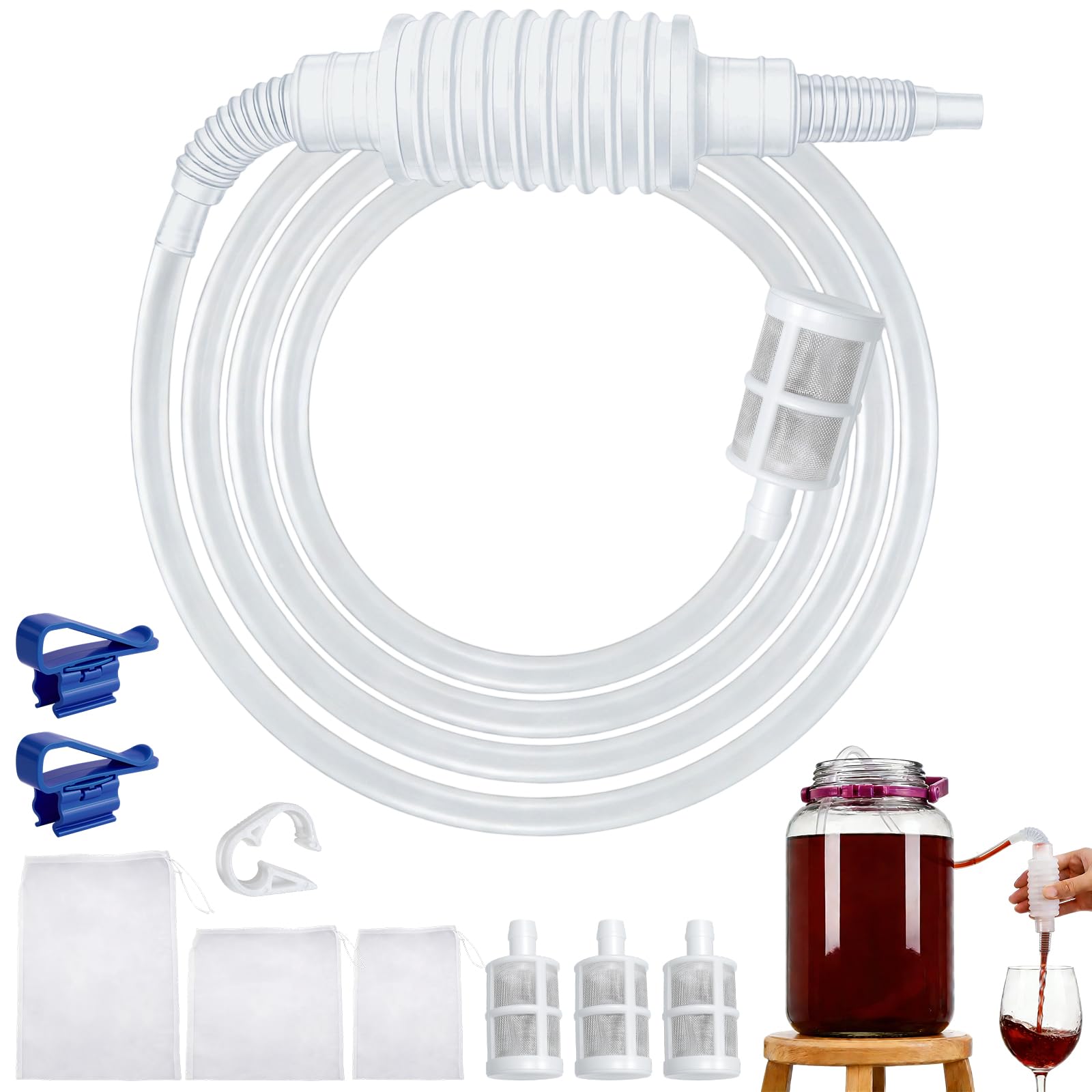 Nadinsta 250cm Brew Syphon Tube with Clamp, Home Brew Beer Siphon Filter Set, 3pcs Fine Mesh Muslin Bag, Syphon Pump Manual Soft Pipe Hose, Manual Pipe Hose Wine Beer Brewing Tool