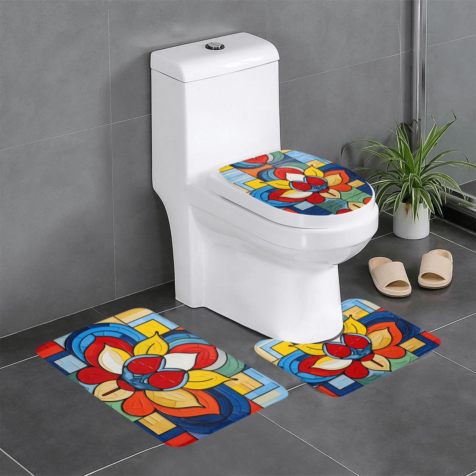 Tapis de salle de bain antidérapants Mondrian lot de 3 avec motif floral de lotus style bohème