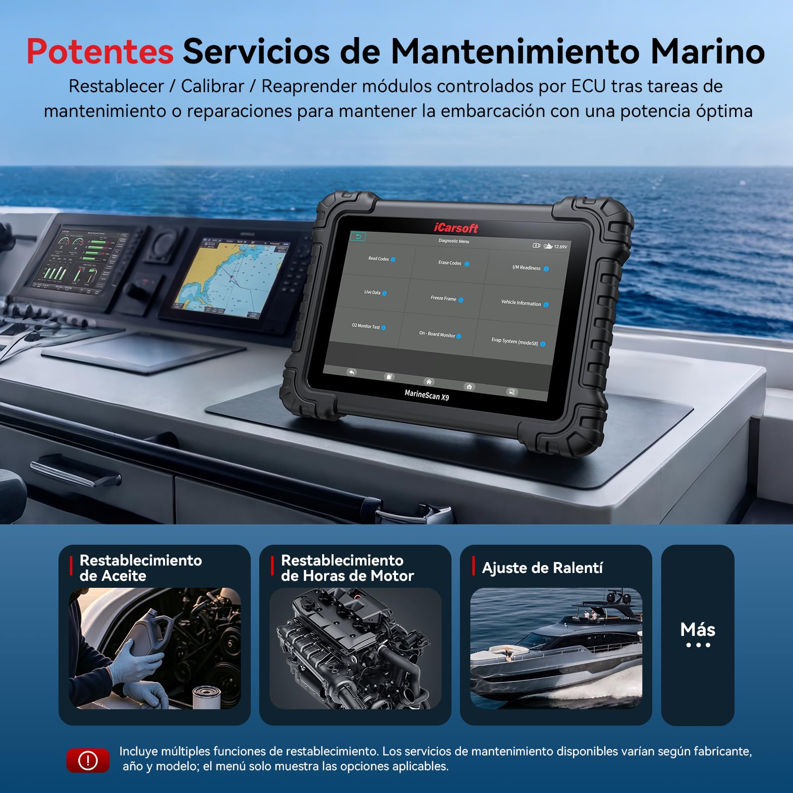 iCarsoft MarineMaster X9 Herramienta de diagnóstico Marina para Barcos, Yates, Motos acuáticas y Motores fueraborda, 40 Funciones de Servicio, Prueba bidireccional, Lector de códigos OBD2 Marino