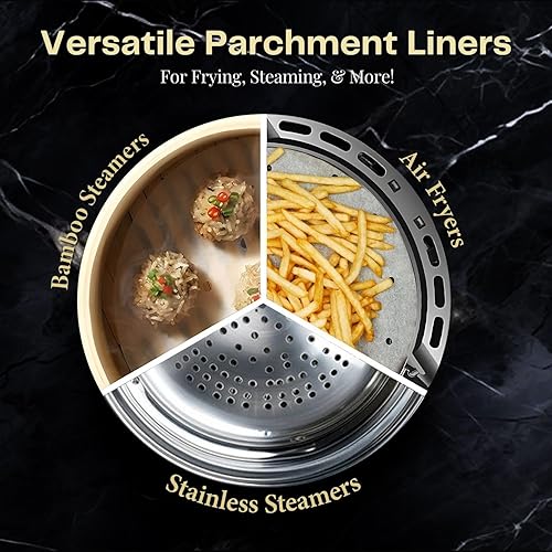 Miniatura 6 de Flexzion Papel pergamino perforado de 7.5 pulgadas para forros de freidora de aire, redondo, sin blanquear, 200 hojas de 3.5 y 3.7 cuartos de galón,