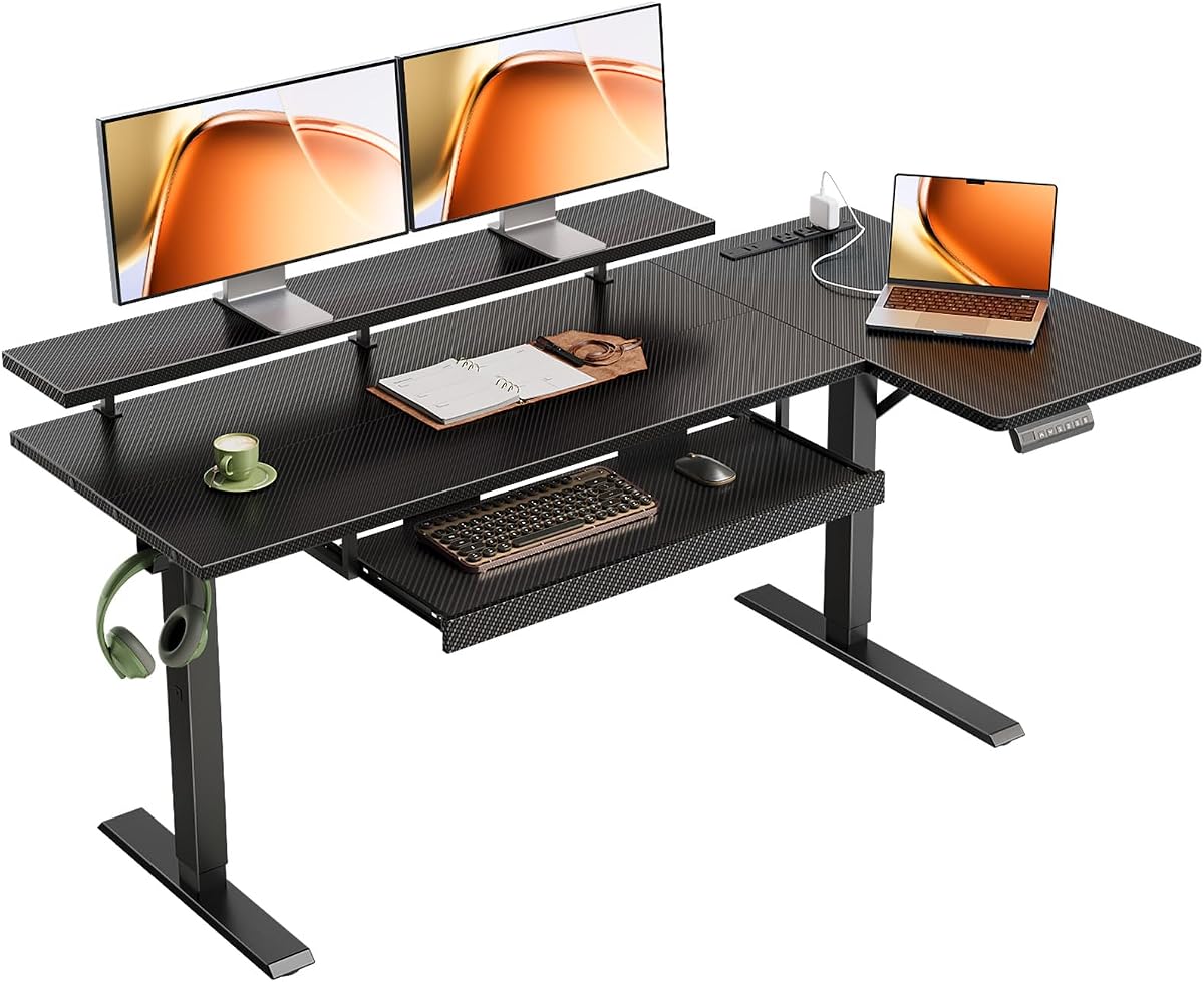 55" Reversible L Shaped Electric Standing Desk, Carbon Fiber Black | Monitor Stand, Keyboard Tray, Power Outlets, 3 Memory Presets, Corner Stand Up Desk for Ergonomic Home Office, Workstaion