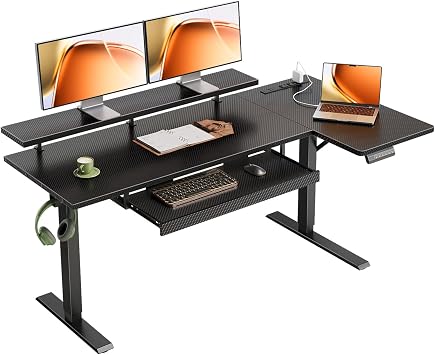 OffiGo 55" Reversible L Shaped Electric Standing Desk, Carbon Fiber Black