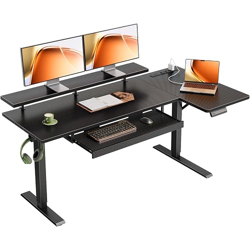 OffiGo 55 Inch L Shaped Electric Standing Desk with Keyboard Tray, Reversible Height Adjustable Corner Computer Desk with Monitor Stand, Sit Stand Up Lift Table for Home, Office, Carbon Fiber Black