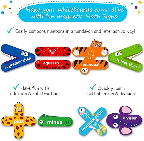 Miniatura 5 de Paquete de 8 divertidos letreros matemáticos, imanes de matemáticas de animales, juegos de signos de mayor que menos que cocodrilo, suministros para