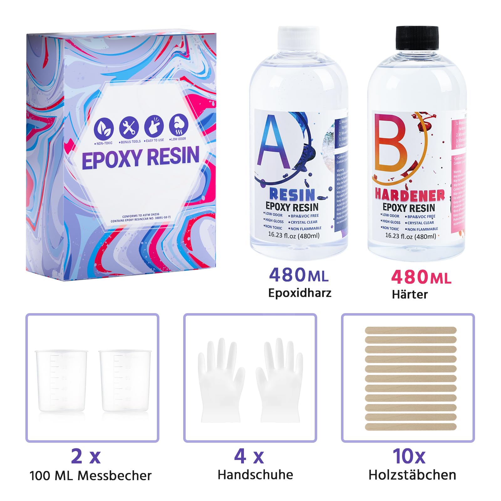 Epoxidharz Set Anfänger 960ml – Kristallklares Gießharz & Härter (1:1 Verhältnis), Blasenfrei & Vergilbungsfrei – Premium Resin Kit für Anfänger, Schmuck, Untersetzer & DIY Kunst – Inkl. Zubehör