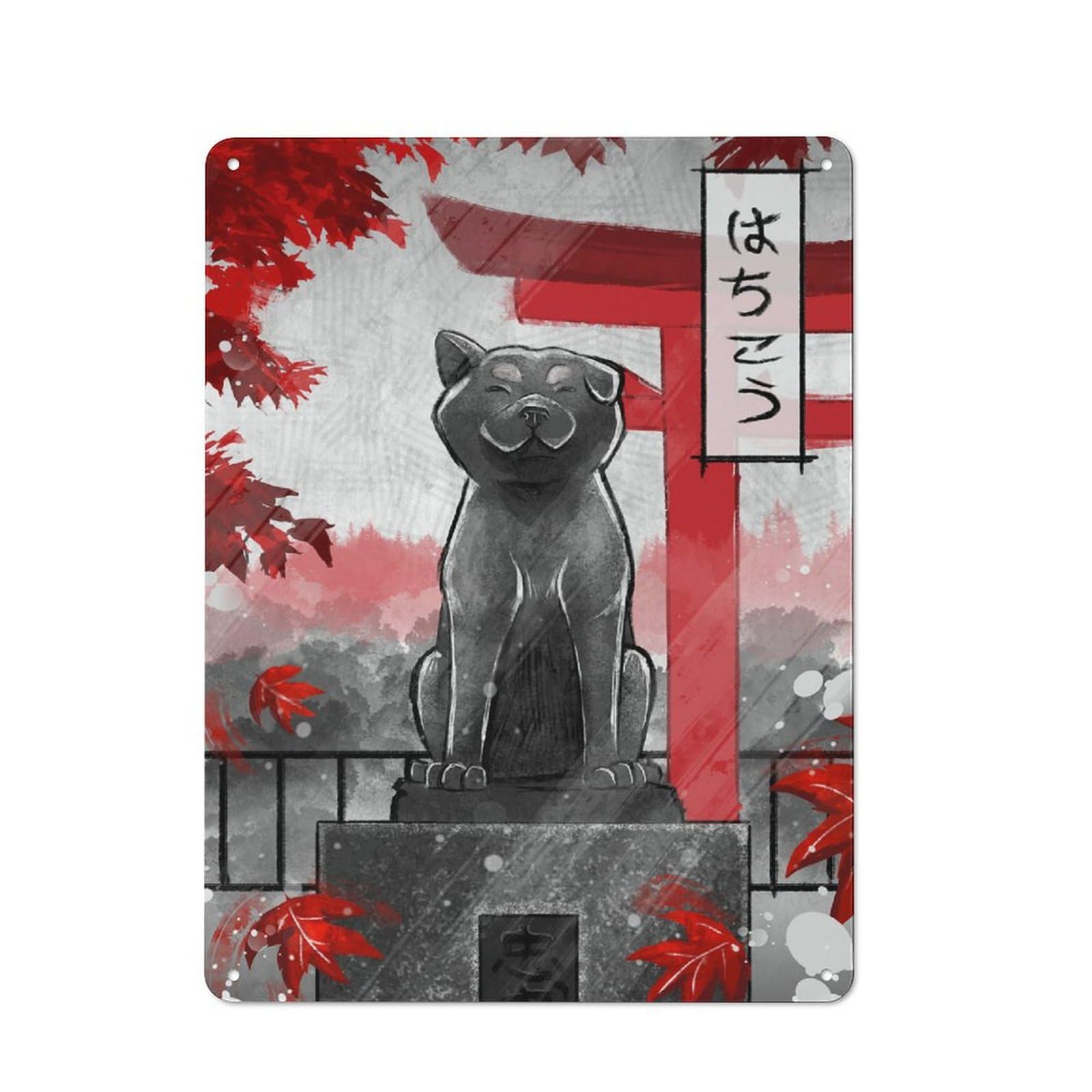 Junmoney Style-17 Tin Wall Plaque 40X30cm With Hachiko Statue With Torii Gate For Guest Room Or Hallway, For Updating Guest Room And Hallway After Moving