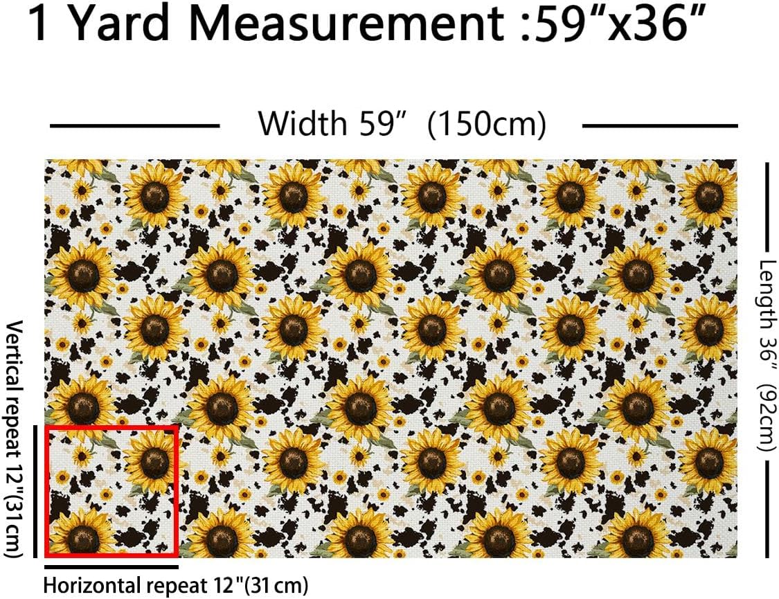 Sunflower Cow Upholstery, Rustic Cowhide Brown Fabric by The Yard, Yellow Floral Outdoor, Wildlife Farmhouse Cow Animal Waterproof Upholstery and Home Accents 2 Yards