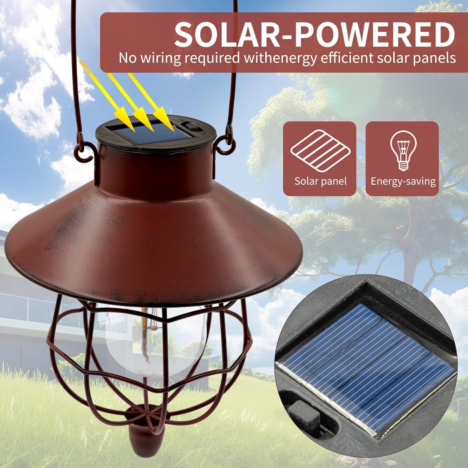 Paquete de 4 faroles solares impermeables para exteriores, lámpara colgante solar de metal con bombilla blanca cálida, diseño para decoración de jardín, patio, patio