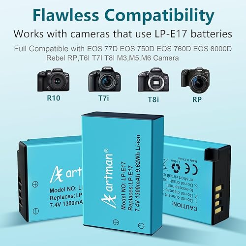 Miniatura 2 de Artman LP-E17 - Paquete de 3 baterías de 1300 mAh y cargador LCD de 3 ranuras para Canon EOS R50 R8 R10 RP R100, Rebel T8i T7i T6i T6s SL2 SL3, EOS