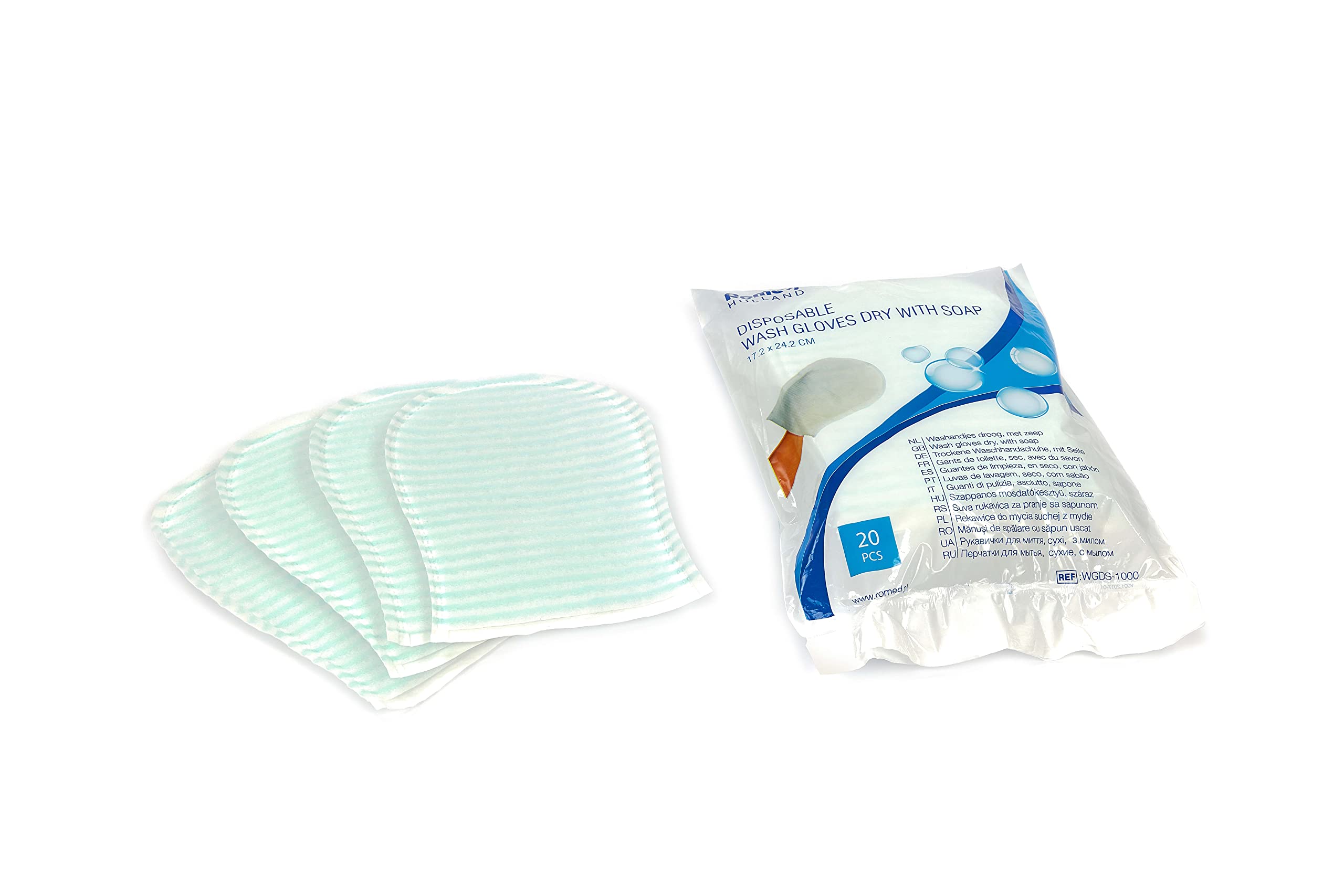 Romed Trockene Einmalwaschhandschuhe mit Seife (50 x 20 = 1000 Stück)