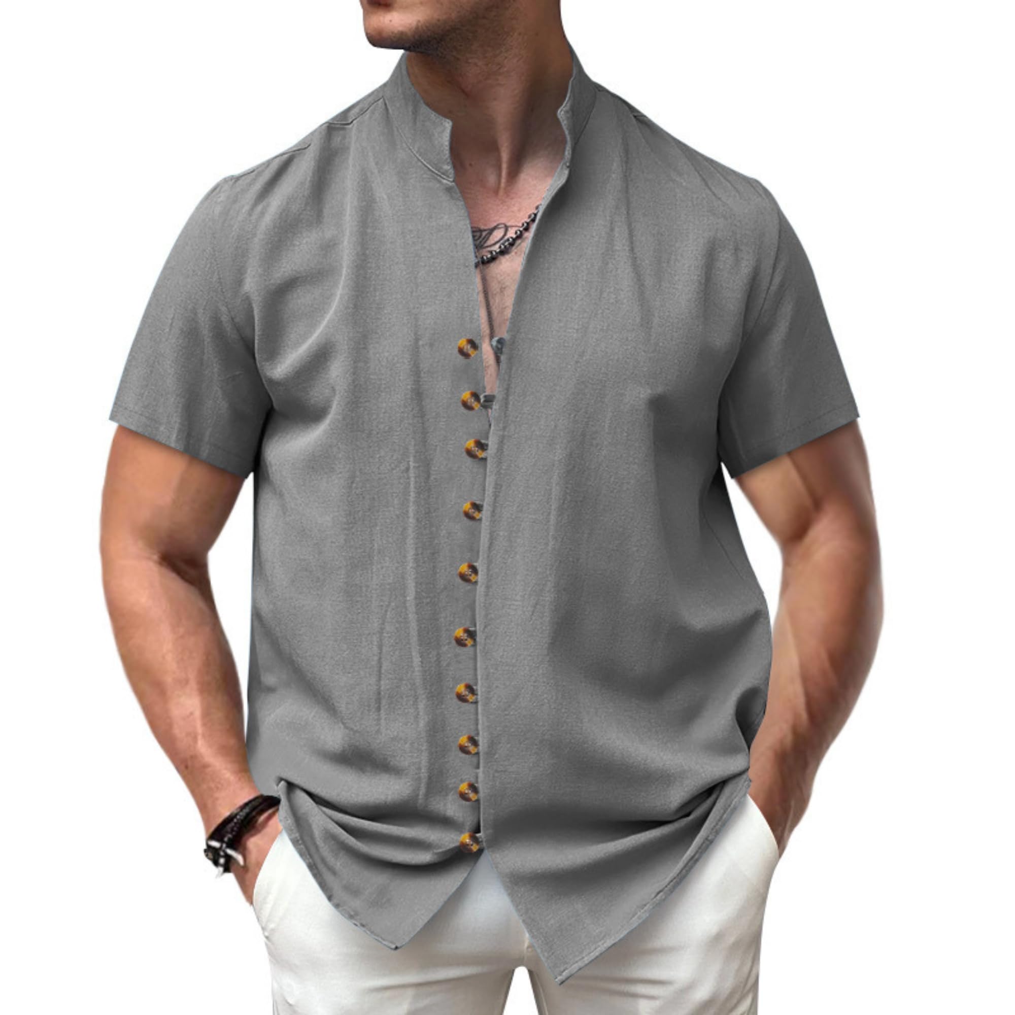 DMOYALA Men's Button Down Linen Shirts Summer Casual Short Sleeve Hawaiian Shirts Beach Vacation Cotton Shirts