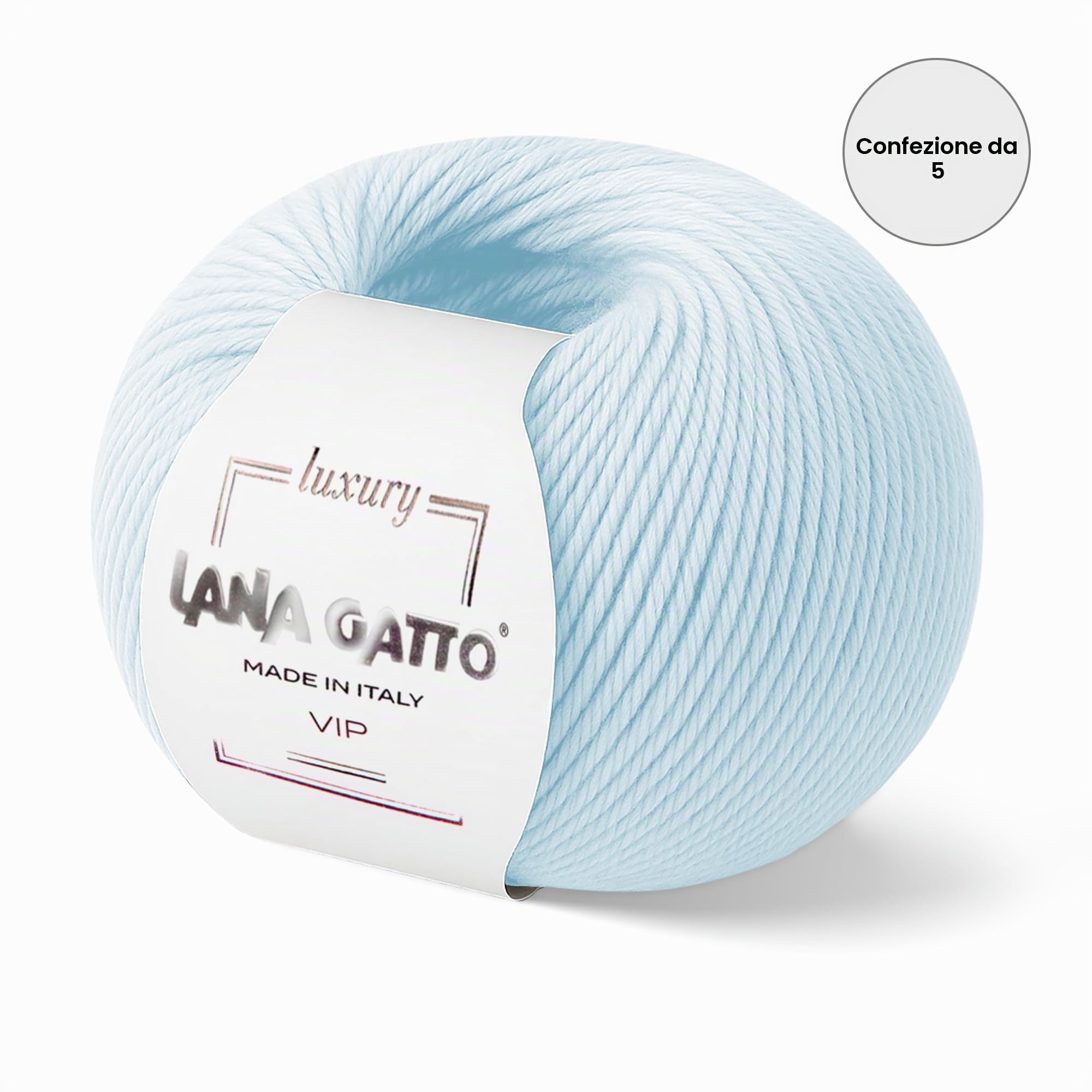 5 Gomitoli Cashmere e Lana merino extrafine per lavoro a maglia, Lana Gatto Linea Vip, 250 gr., 1000 mt, (Azzurro - 4010, 5)