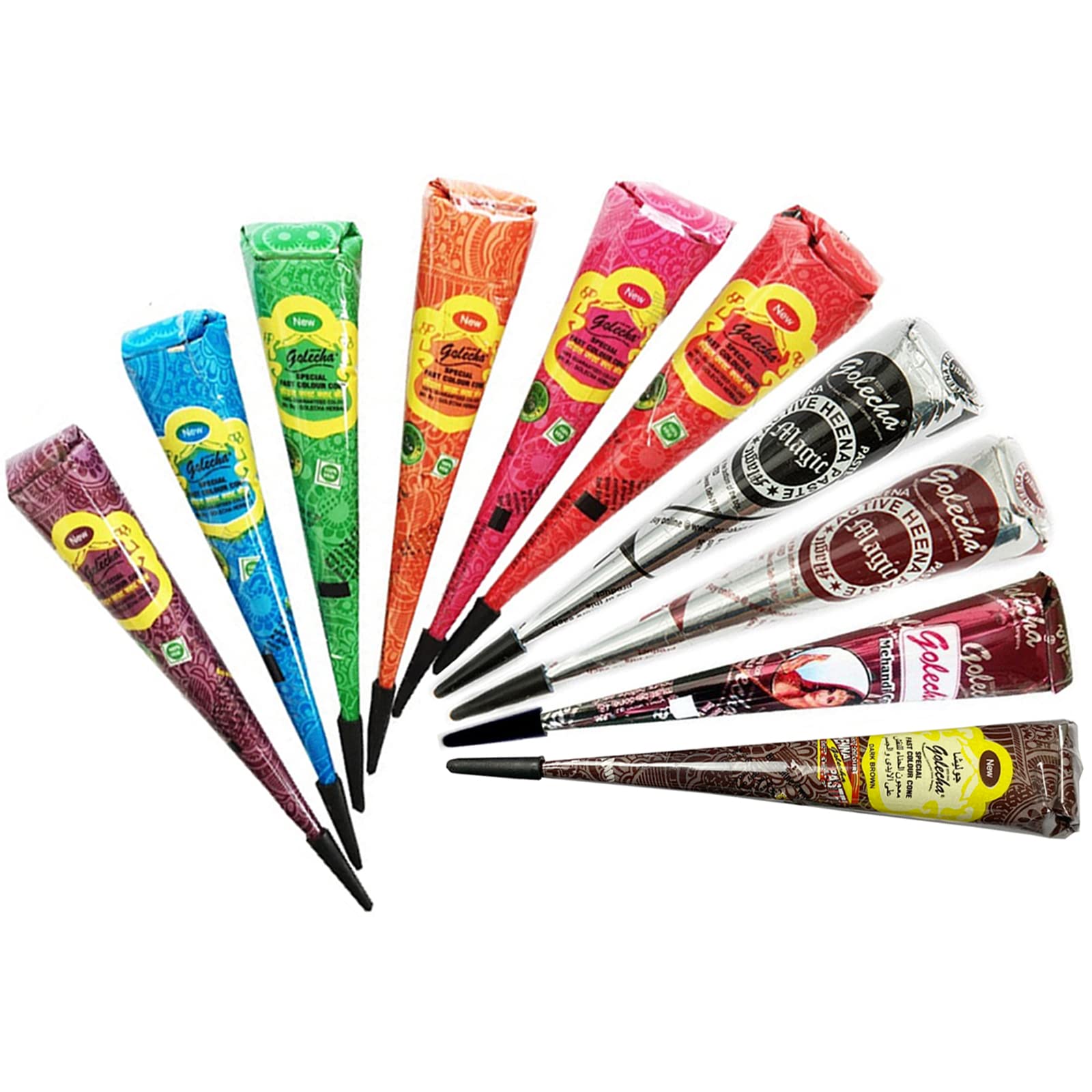 JPR – 10 x Natural Mehndi Cones (wielokolorowe), bez mieszanki, halal Veg, przetestowane klinicznie i certyfikowane – do tymczasowego designu tatuażu Bodyart (duże stożki) 250 g + kartka pocztowa SRK
