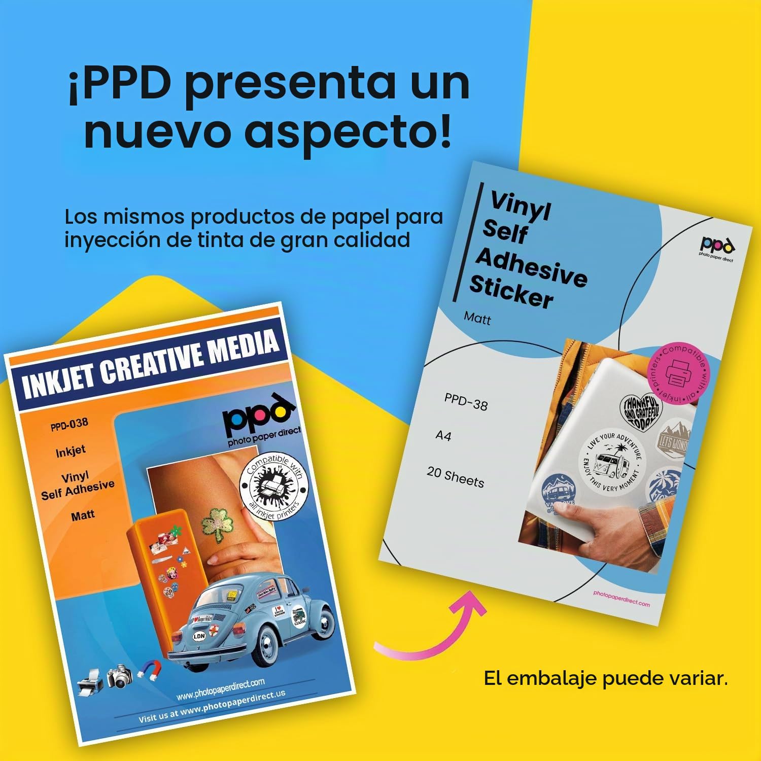 PPD Inkjet - A4 x 20 Pegatinas de Vinilo Autoadhesivo Mate Imprimibles de Grado Comercial - Calidad Fotográfica y A Prueba de Desgarro - Para Impresora de Inyección de Tinta - PPD-38-20