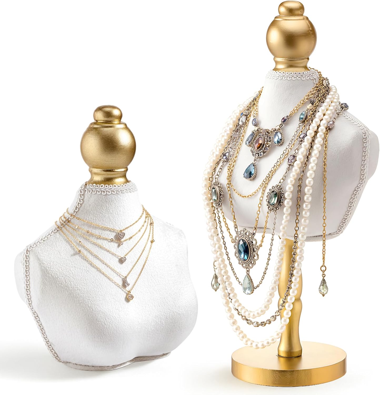 AceOrbit 2 Pcs Vintage Velvet Necklace Display Stand Mannequin Velvet Jewelry Necklace Holder Elegant Decor for Wedding Jewelry Selling Trade Shows(White,13.8 and 6.7 Inches)