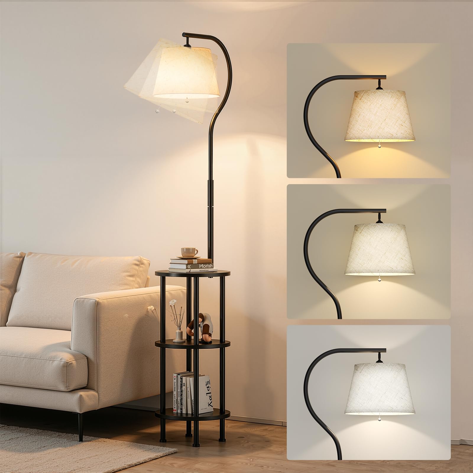 Stehlampe Wohnzimmer mit Ablage, LED Stehlampe, 3 Holzregale | 155 cm Stehlampe mit 3 Holzablagen, 3 Farbtemperaturen, 350° drehbar, E27, für Wohnzimmer, Schlafzimmer & Arbeitszimmer