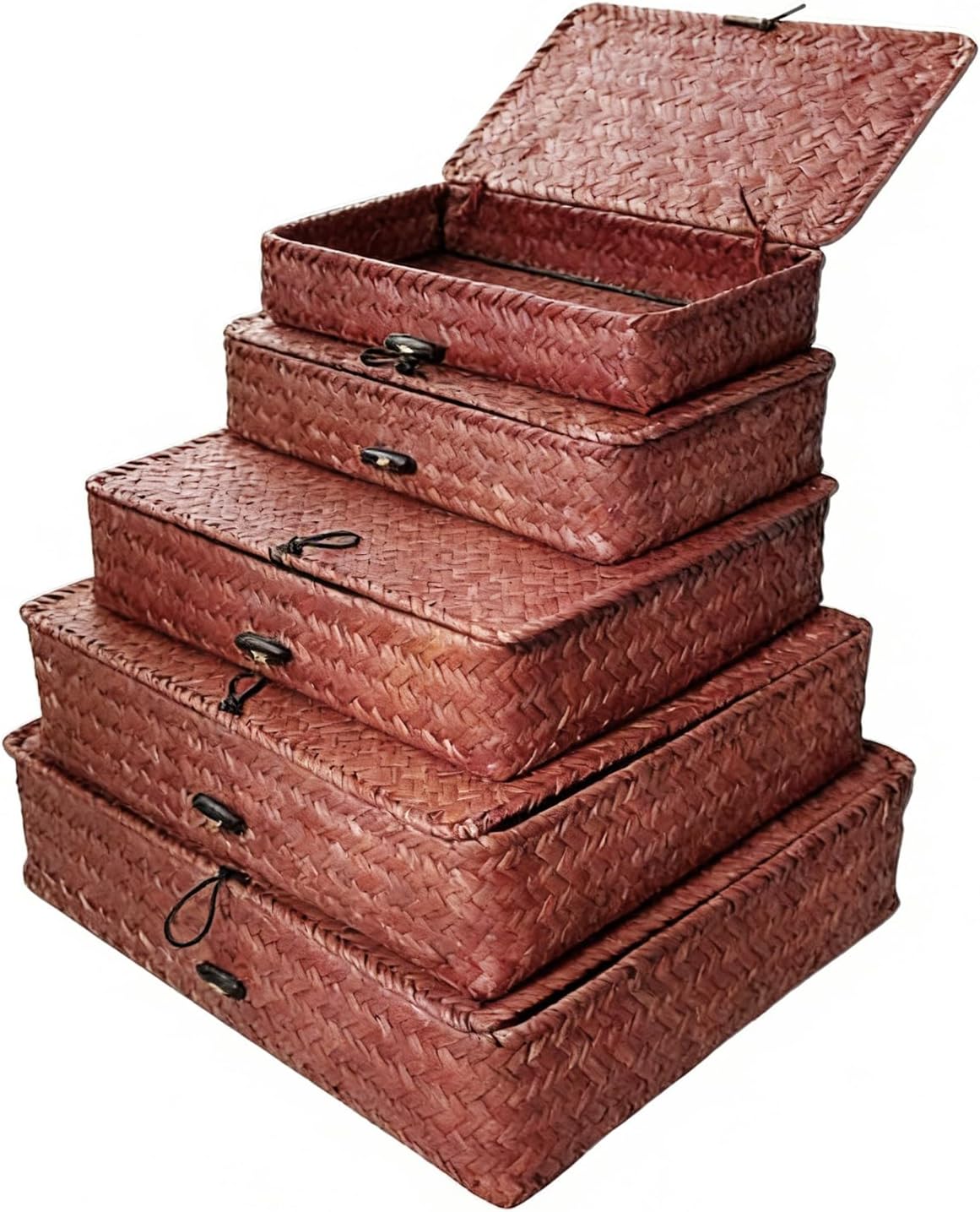 5 Pcs Seagrass Basket with Lid 5 Sizes Decorative Storage Boxes Rattan Wicker Storage Basket with Lids Woven Organizer Baskets Multipurpose Flat Storage Bins for Shelf Closet Bedroom (Dark Brown)