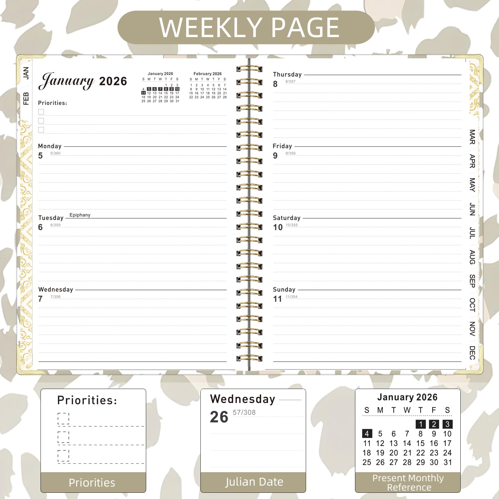 Knagsfa 2026 Planner, Jan.2026 - Dec.2026 Planner Weekly and Monthly 6.25"x8.5" with with Page Tabs, Calendar Hardcover with Inner Pocket, Elastic Band, Twin-Wire Binding, Bookmark, Gray Pink Leopard - Image 4