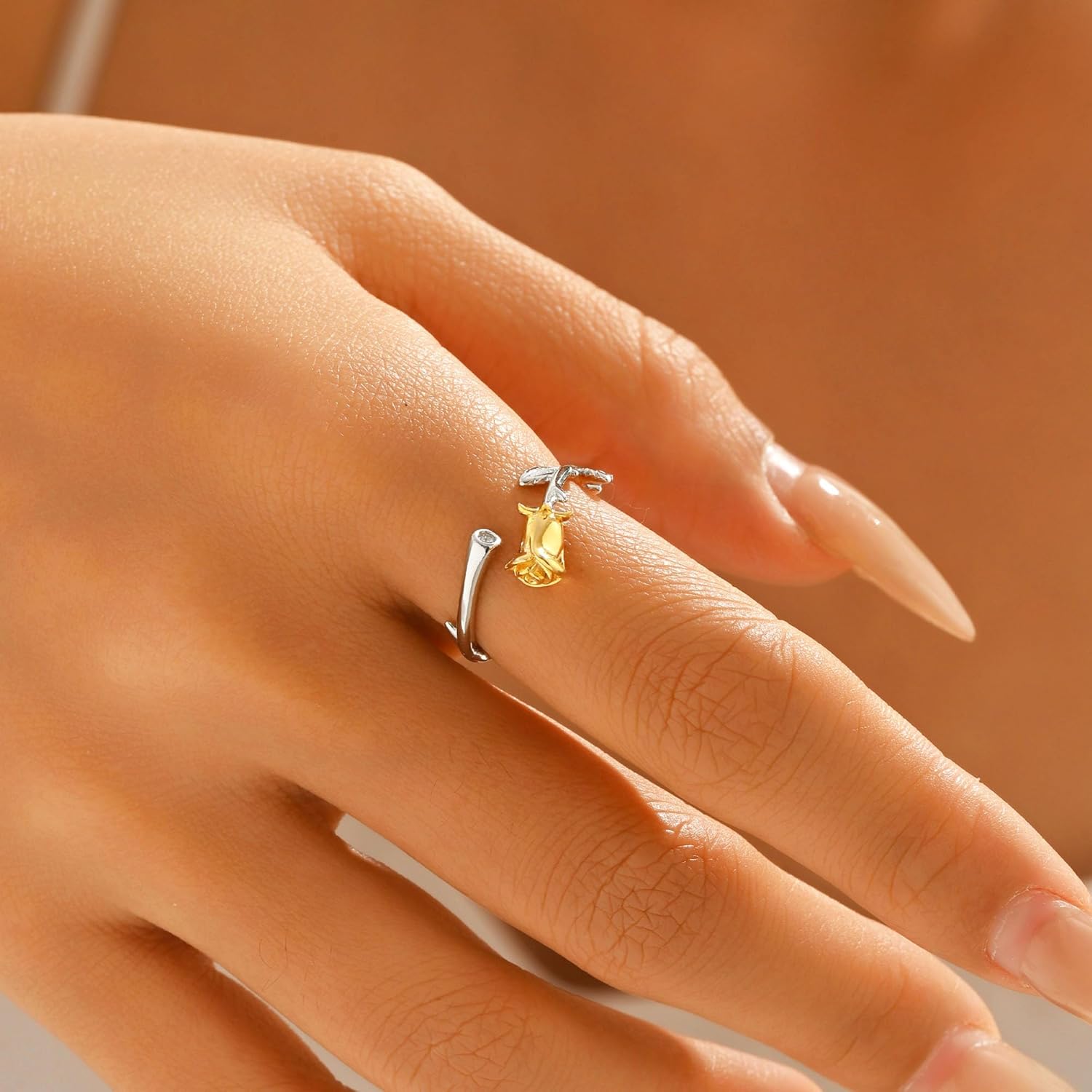 Valentines Day Gifts 925 Sterling Silver Rose Flower Ring for Women Dainty 14k Gold Plated Cute Rose Promise Ring to Daughter Mom Two-Tone Stackable Band Ring Jewelry Adjustable Size 5 to 8 - Image 3
