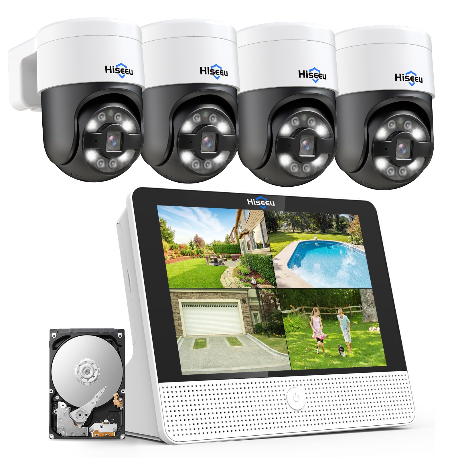 【4K+PTZ】Hiseeu 4K PoE Kit Videosorveglianza Esterno PTZ, Rilevamento Uomo, 12" Monitor 8CH NVR 3TB e 4X 8MP Telecamera Esterno PoE, 30M Visione Notturna a Colori, Rilevamento Movimento 24/7 Remota
