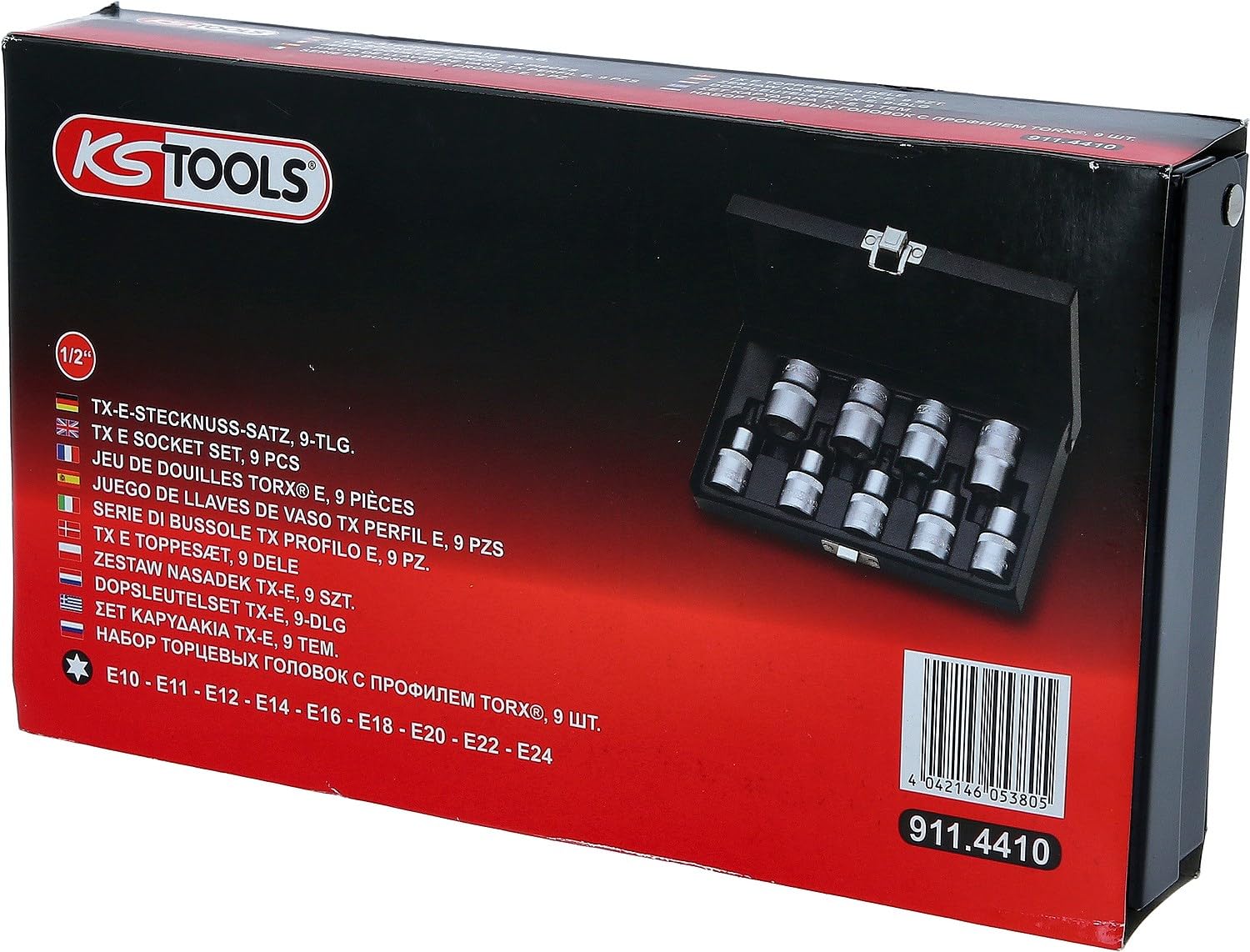 KS Tools 911.4410 1/2" Juego de llaves de vaso Torx-E, 9 pzs, E10-E24