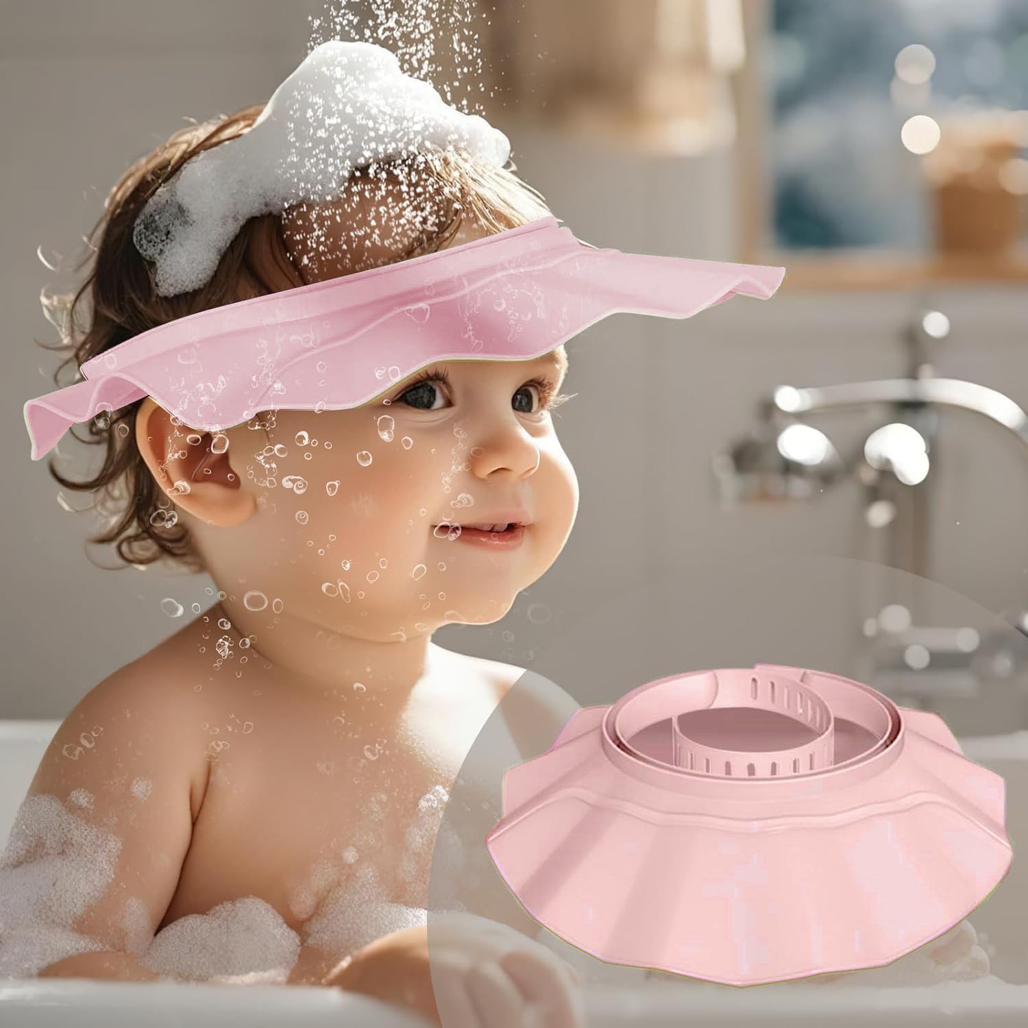 Baby Shower Cap Hat Soft Adjustable Bath Head Cap Visor for Washing Hair Safe Shampoo Shower Bathing Protection Head Eye Ear,Shampoo Caps for Toddler,Baby,Kids,Makes the Bath More Fun (Pink)