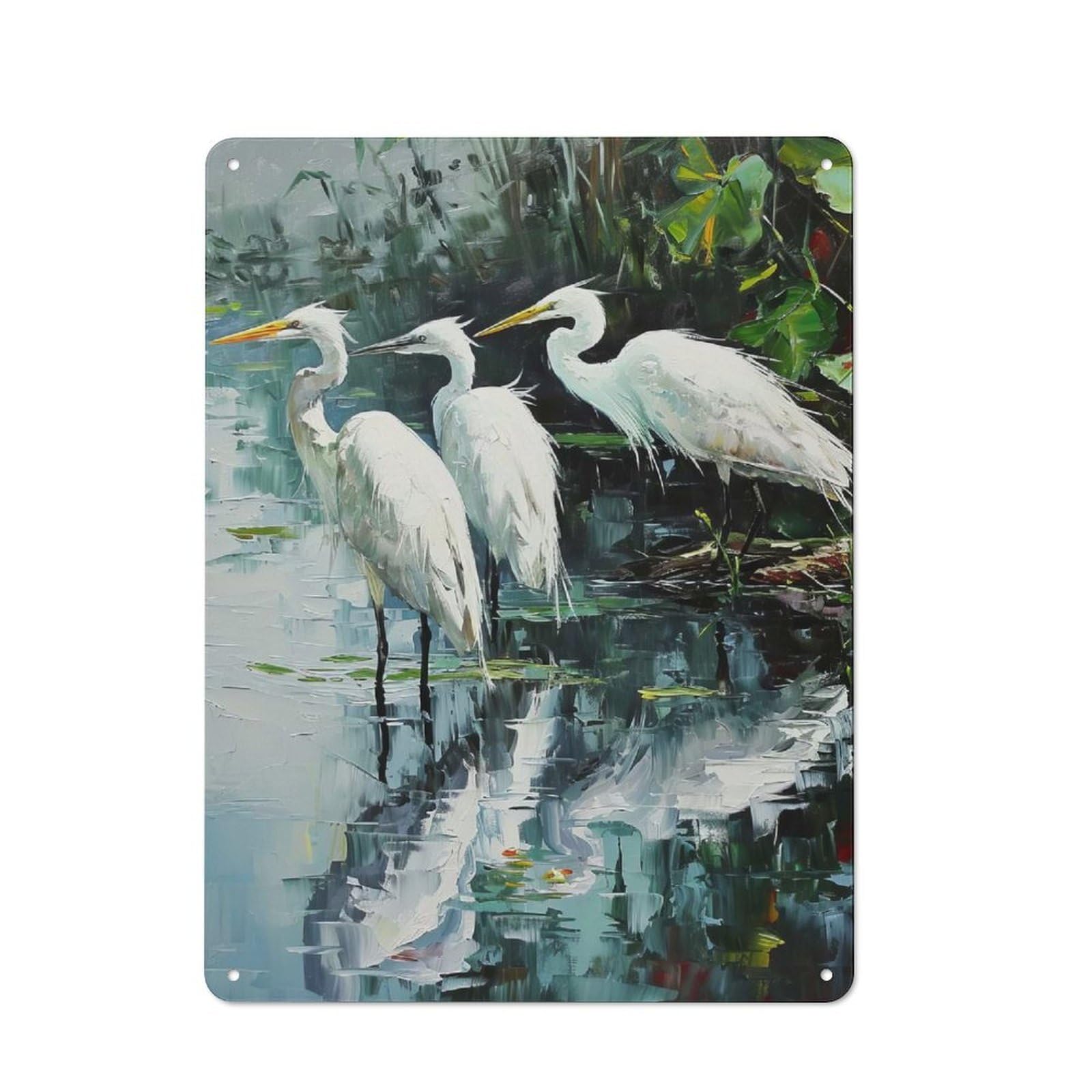 Junmoney Style-9 Tin Wall Plaque 40X30cm With Pond Heron Serenity For Living Room Wall, For Kitchen, Dining Room And Home Bar Wall Decor