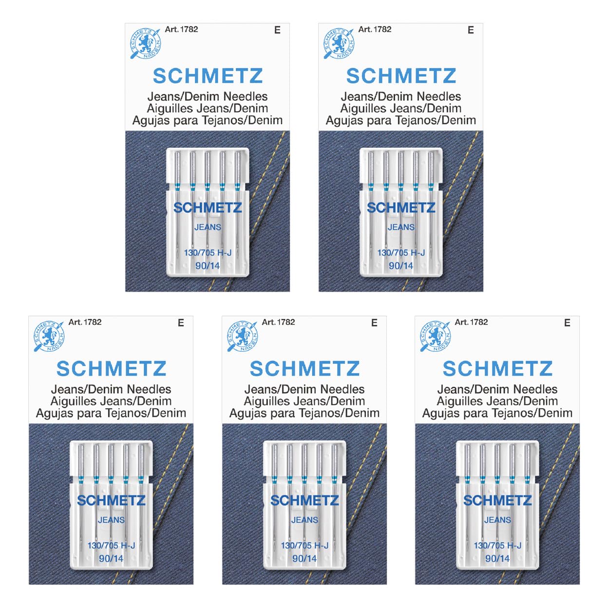 SCHMETZ Jean & Denim Sewing Machine Needles - Precision Needles for Heavy Fabric, Size 90/14, 5-Needle Cards, Pack of 5