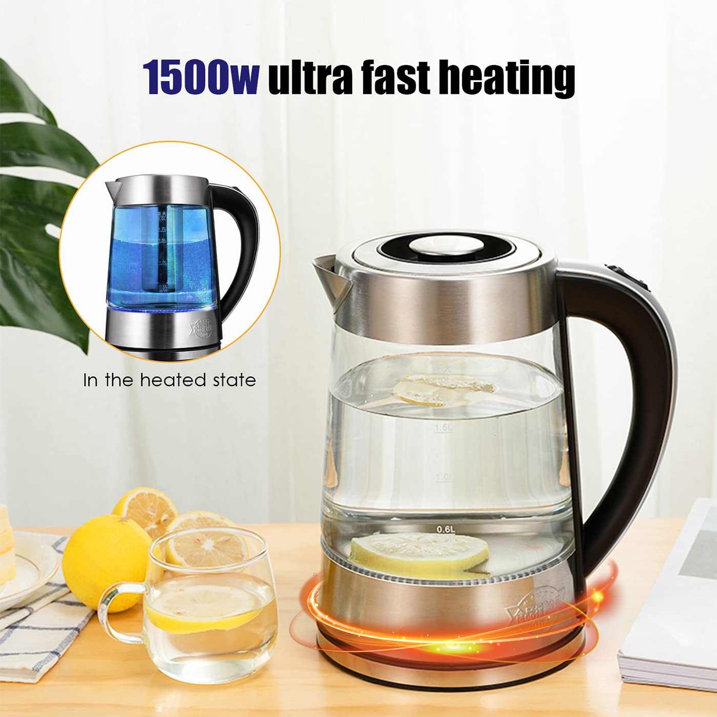 Bollitore Elettrico Bollitore per Acqua in Vetro da 2 Litri con Indicatore Luminoso a Led, Bollitore a Bollitura Rapida da 1500 W, con Filtro in Acciaio Inossidabile, Coperchio Interno e Fon